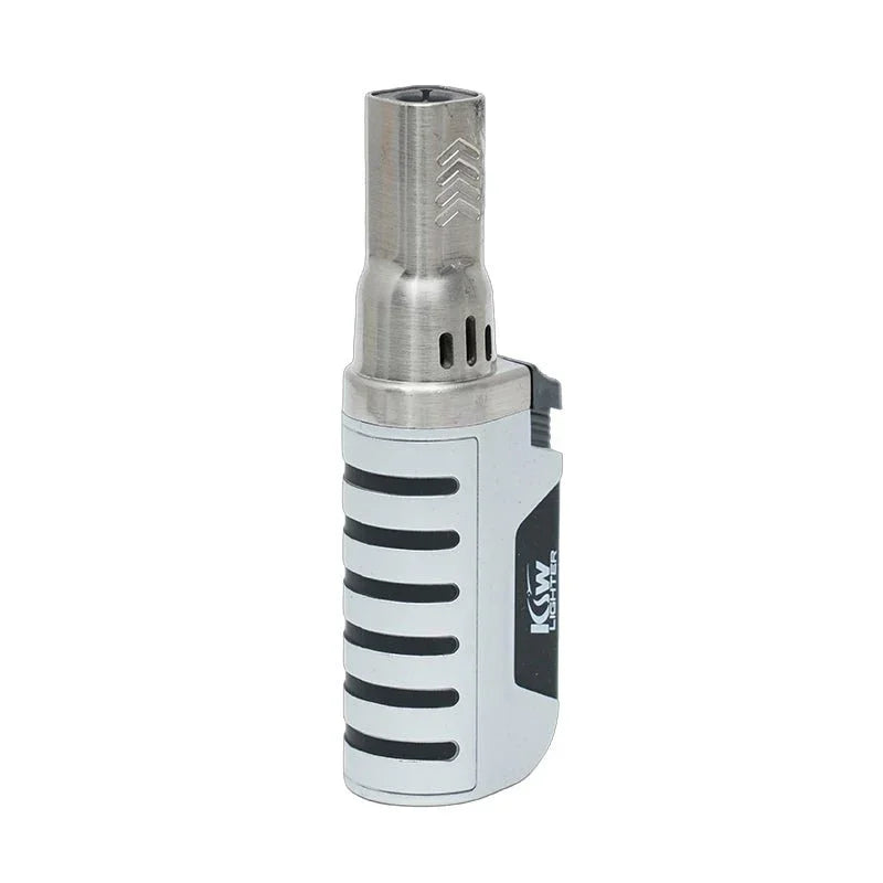 Silver and black jet torch lighter with ergonomic grip and metal burn guard
