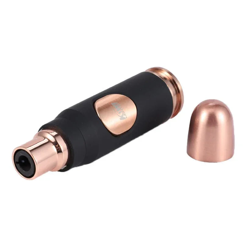 Black and rose gold jet lighter with removable rose gold cap on white background