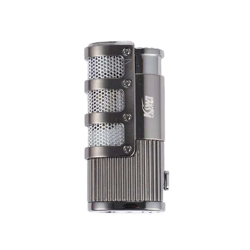 KWM metal jet torch lighter with silver mesh and ribbed textured grip on white background