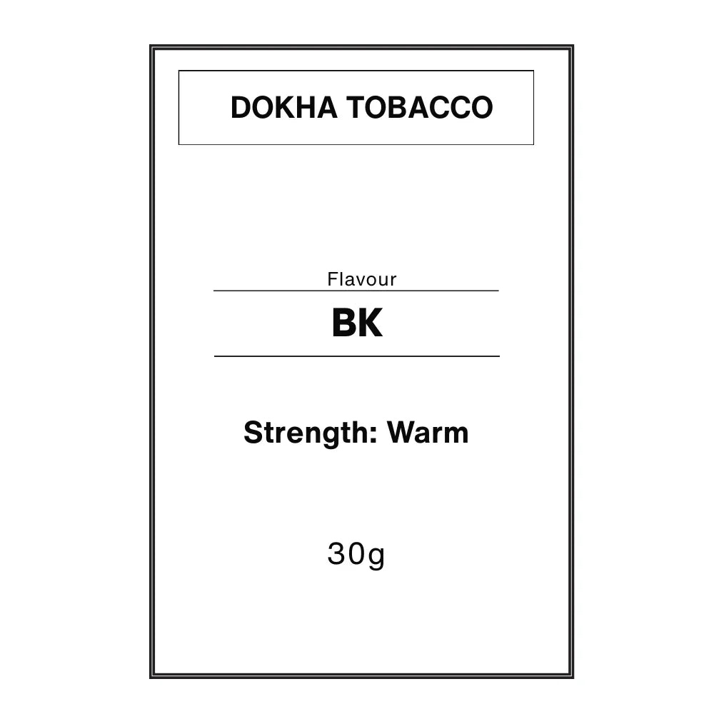 Minimalist Dokha Tobacco label with BK flavour, warm strength, 30g packaging