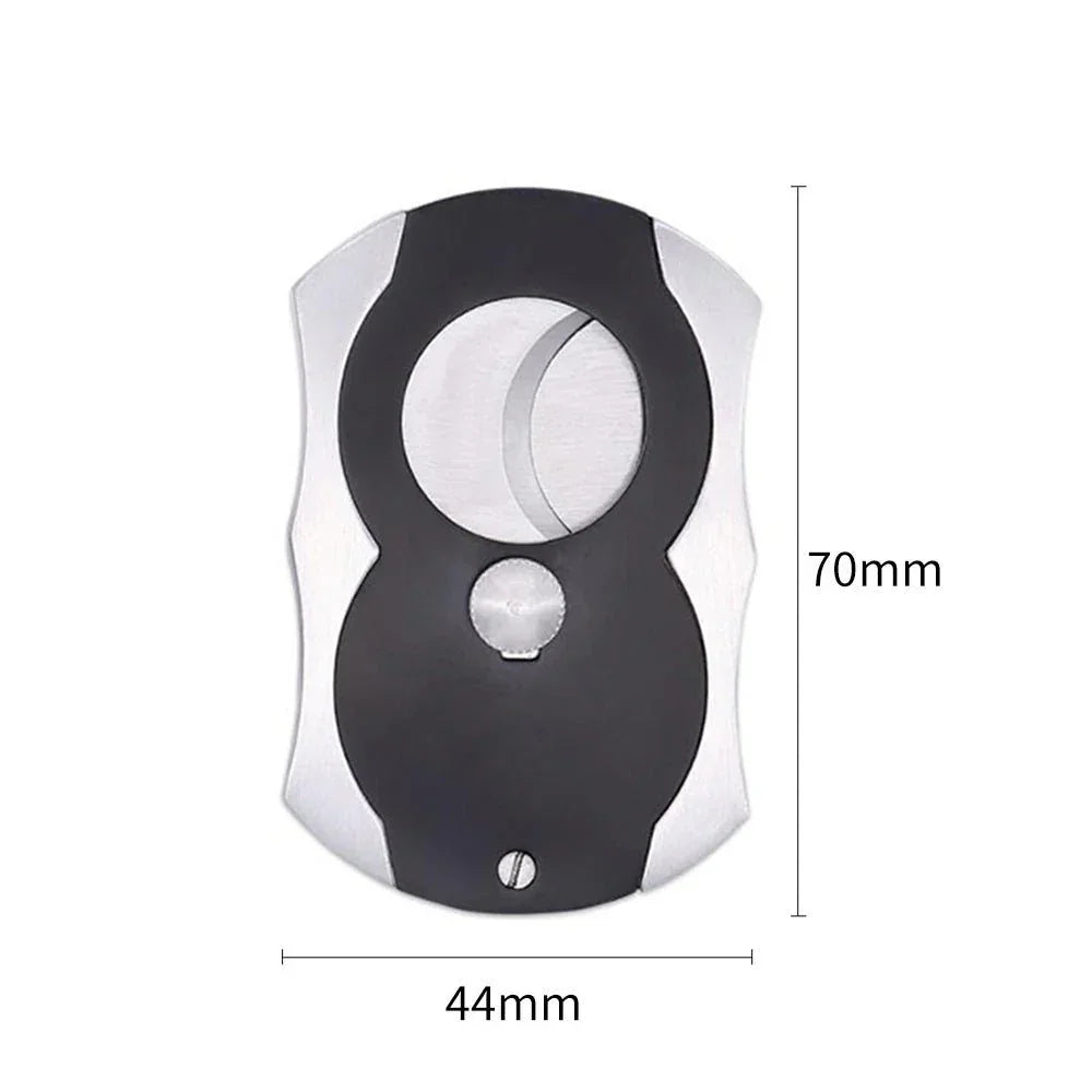 Compact cigar cutter with stainless steel blades and black grip, dimensions 70mm by 44mm
