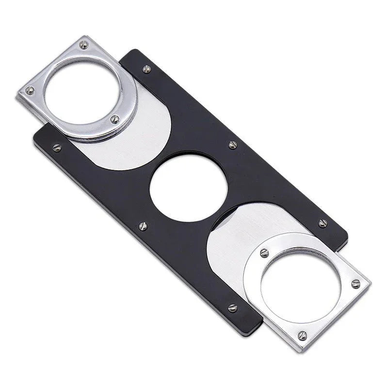 stainless steel and black cigar cutter with double guillotine blades on white background