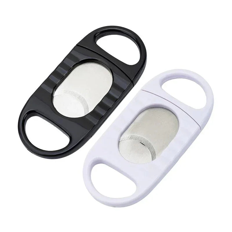 Black and white cigar cutter with stainless steel double blades on white background