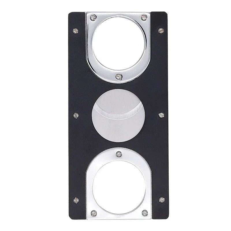 Black cigar cutter with stainless steel triple blade design for precise cutting