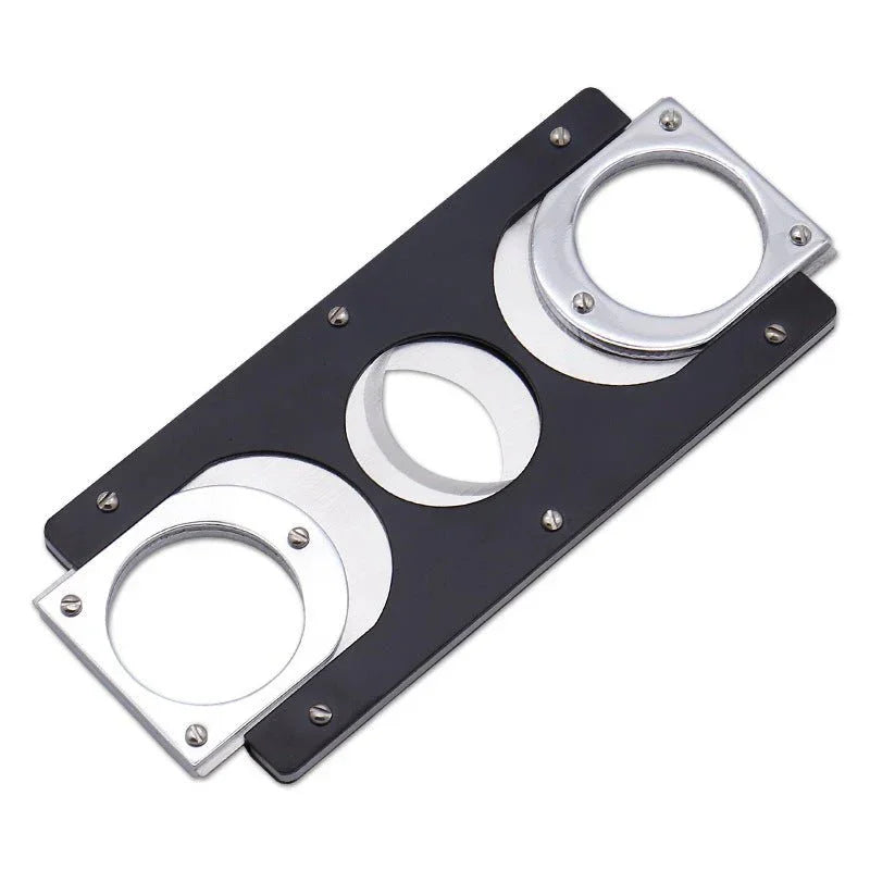 Black and silver metal cigar cutter with two circular stainless steel blades and screws