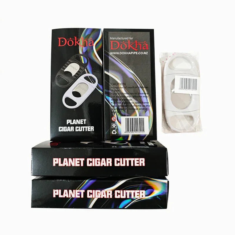 Dokha Planet Cigar Cutter black and white double blade cutter with retail packaging and spare cutter in plastic