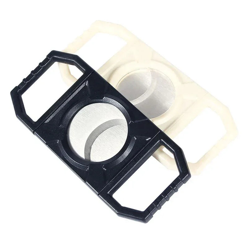 black and white double-blade cigar cutter with metal blades on white background