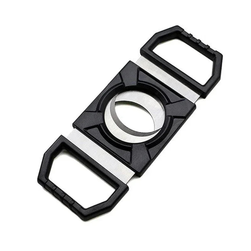 Black and stainless steel cigar cutter with dual handles and circular double-blade design
