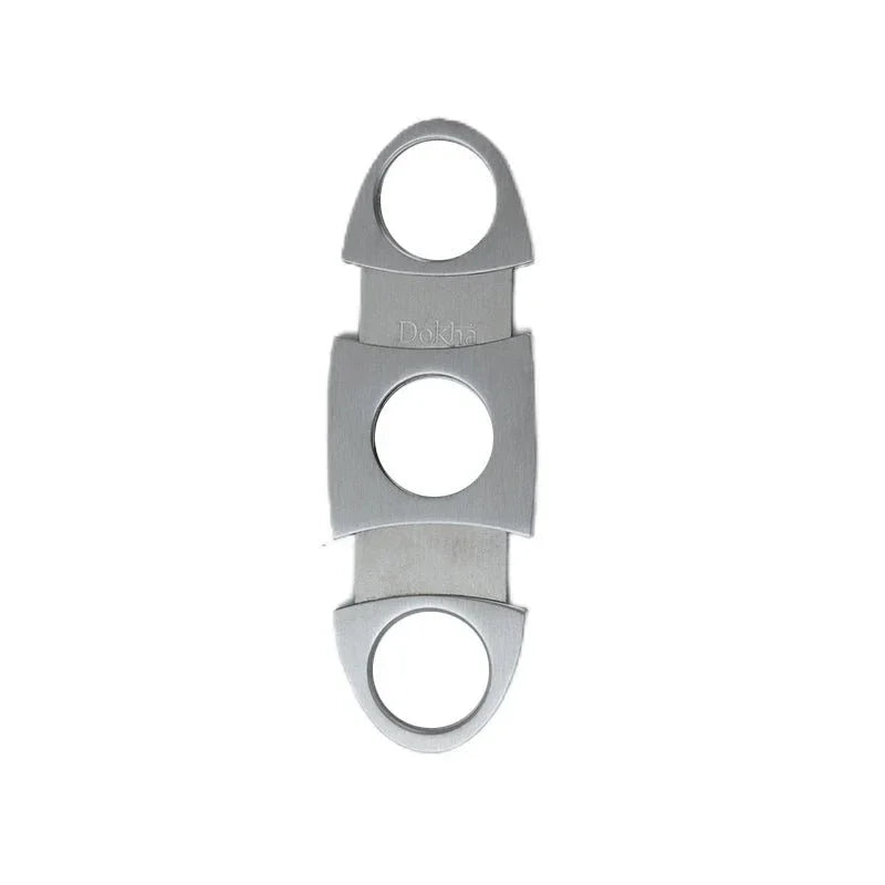 stainless steel double-blade cigar cutter with finger holes and engraved Dokha logo