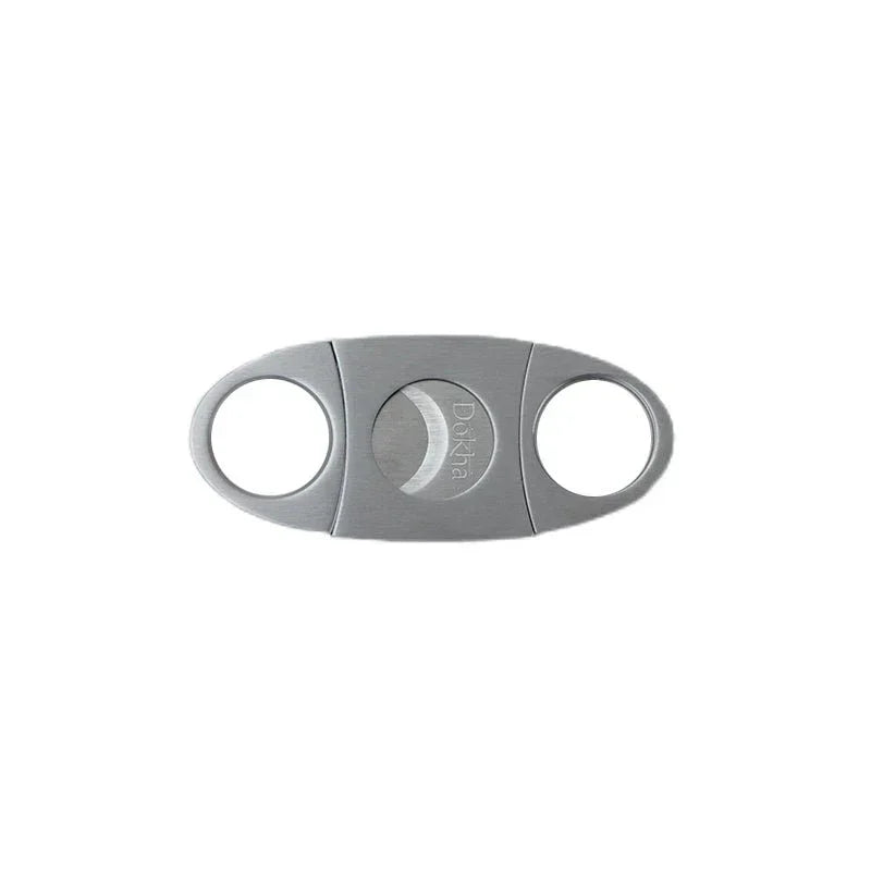 Silver metal cigar cutter with double finger holes and Dokha logo on white background