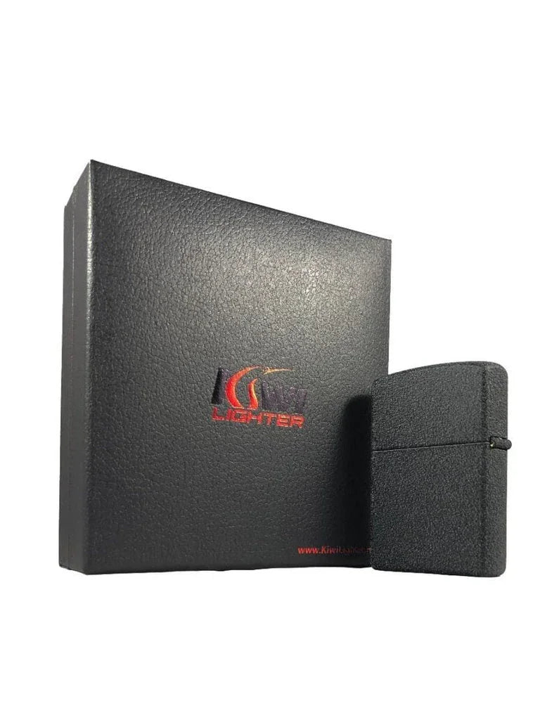 Black textured Kiwi lighter with matching black presentation box featuring red logo