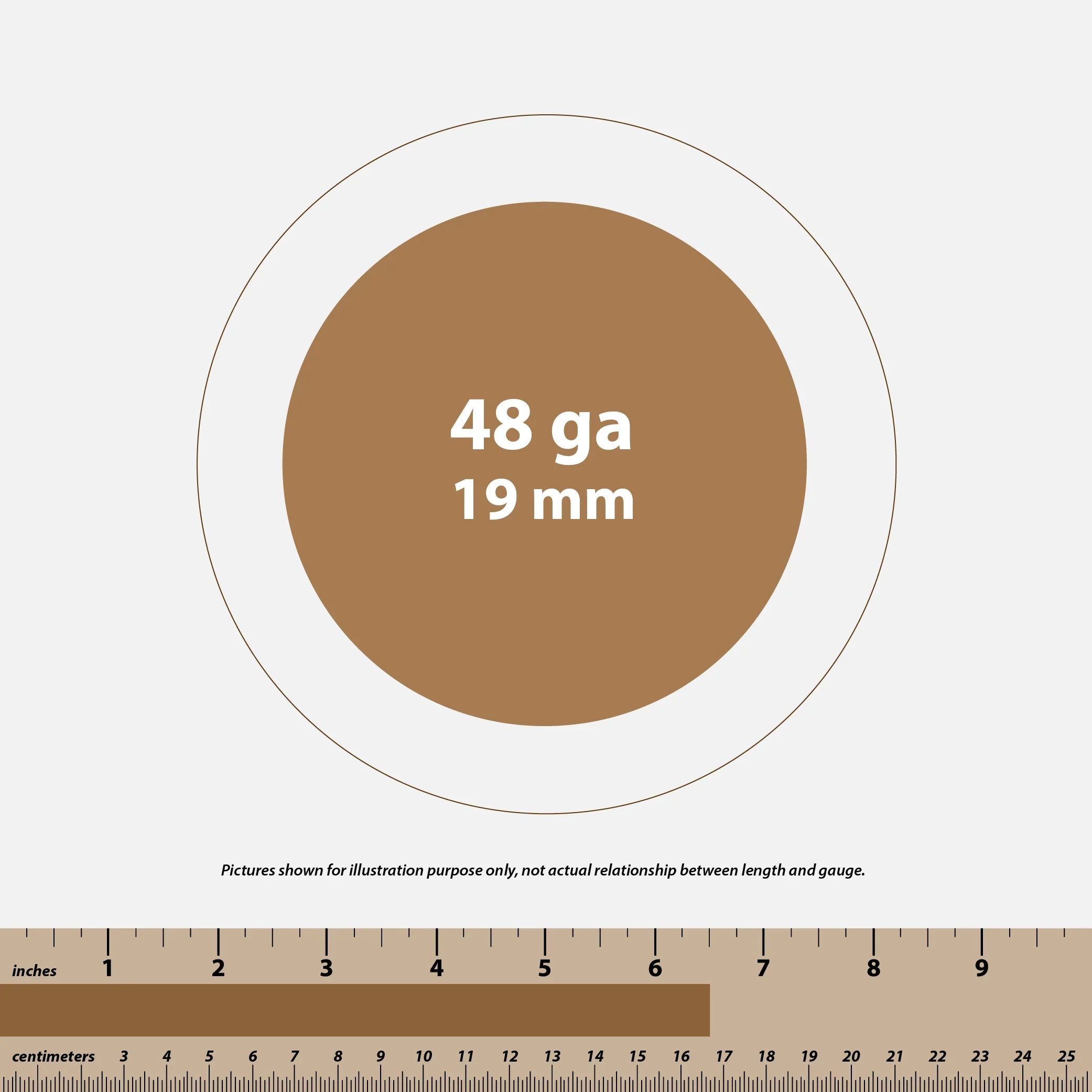 Diagram showing 48 gauge 19 mm wire diameter with inch and centimeter rulers for scale