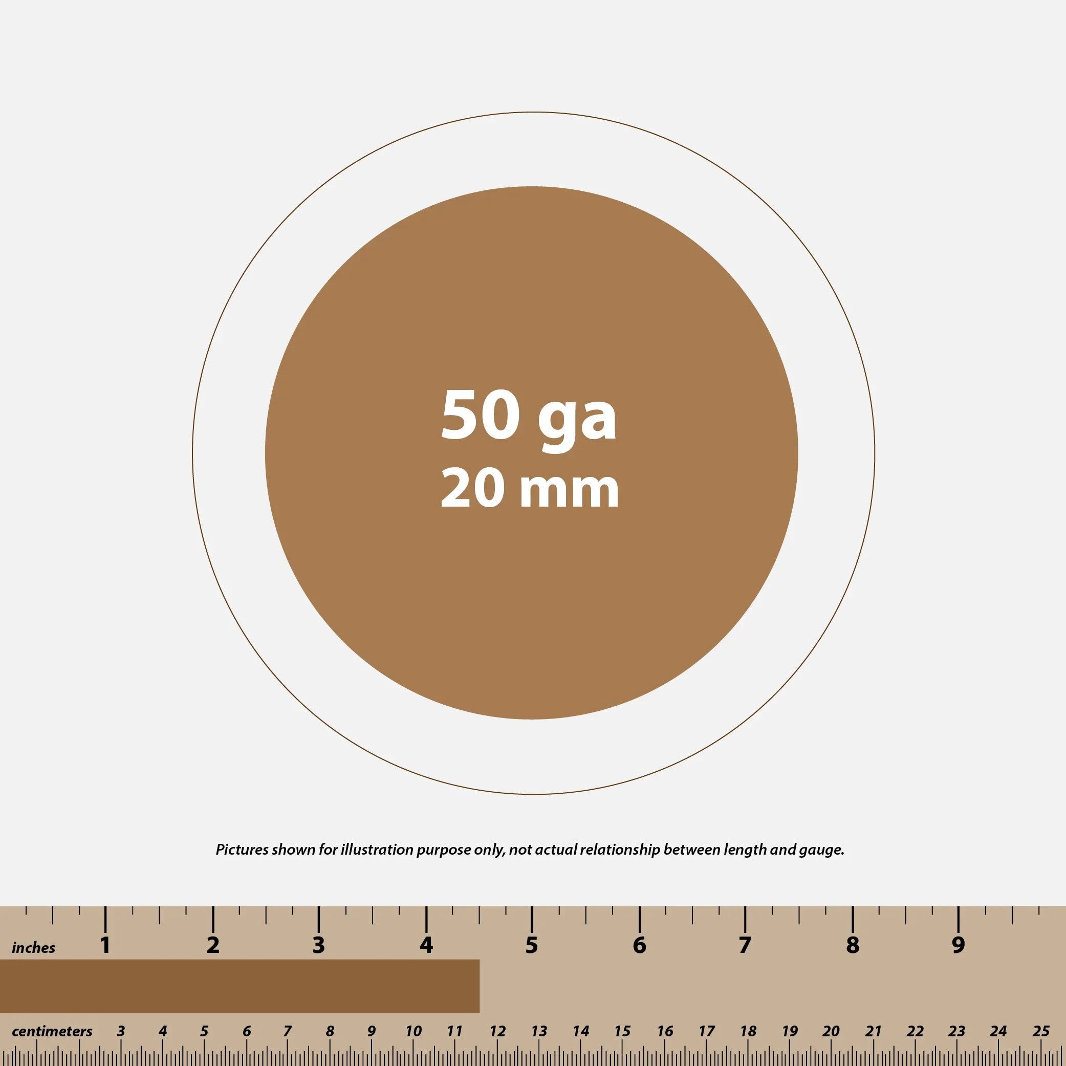 Illustration of 50 gauge 20 mm wire thickness with inch and centimeter rulers for size comparison