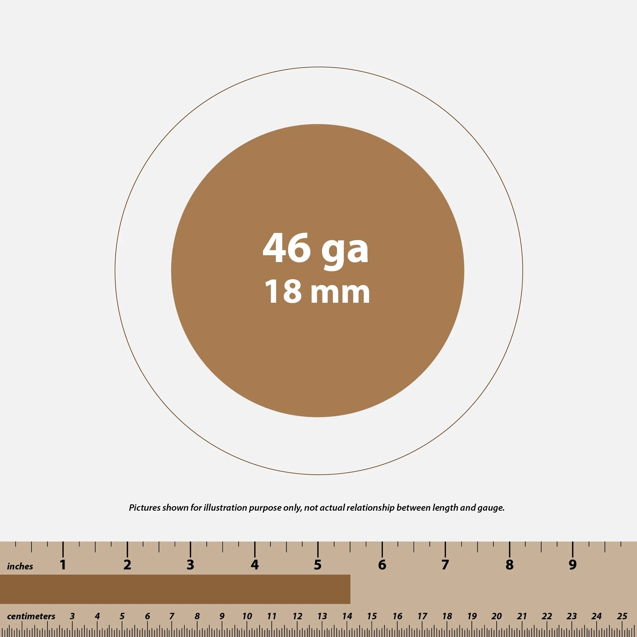 Gauge and length illustration showing 46 gauge and 18 mm thickness with ruler in inches and centimeters