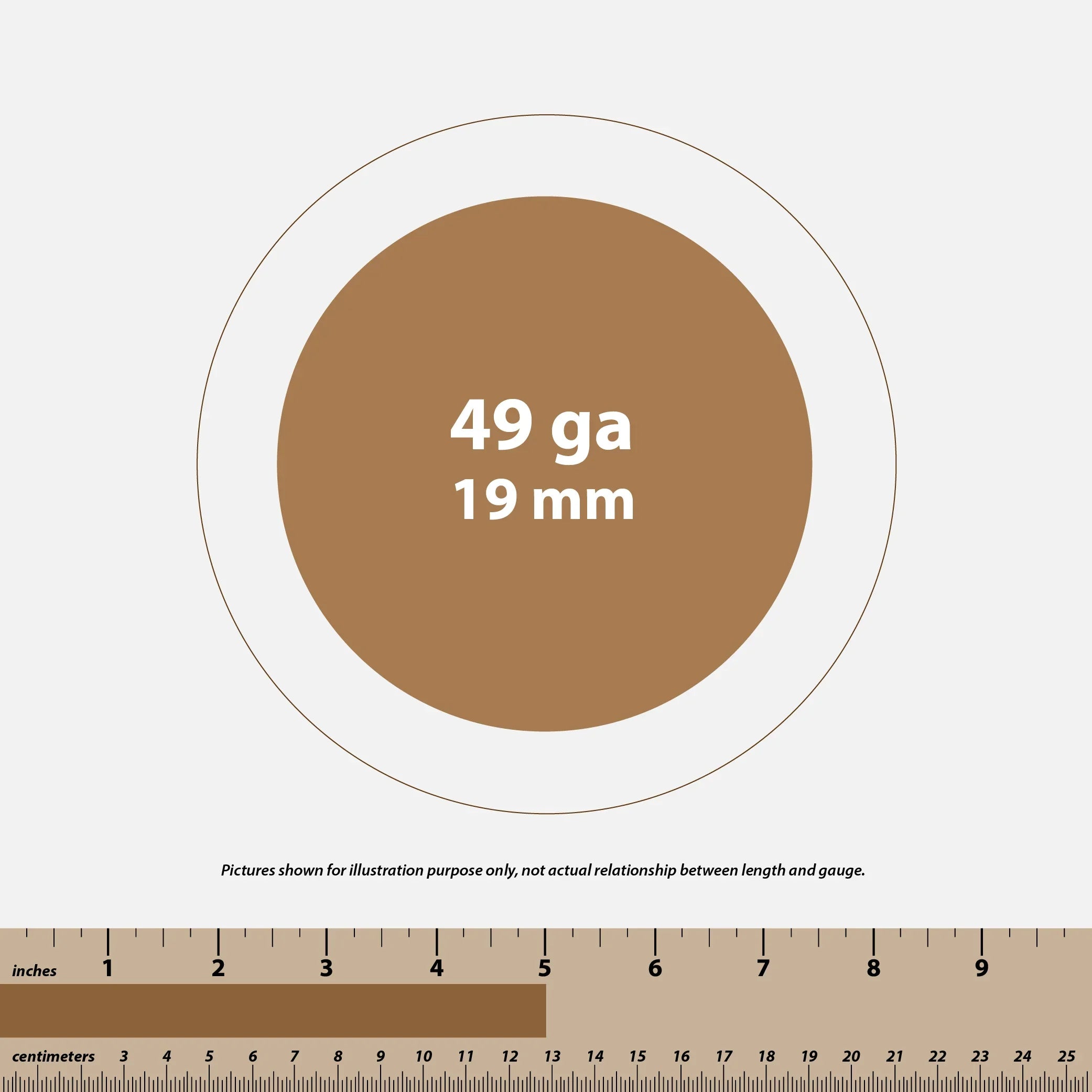 Illustration of 49 gauge 19 mm nail size with ruler showing inches and centimeters