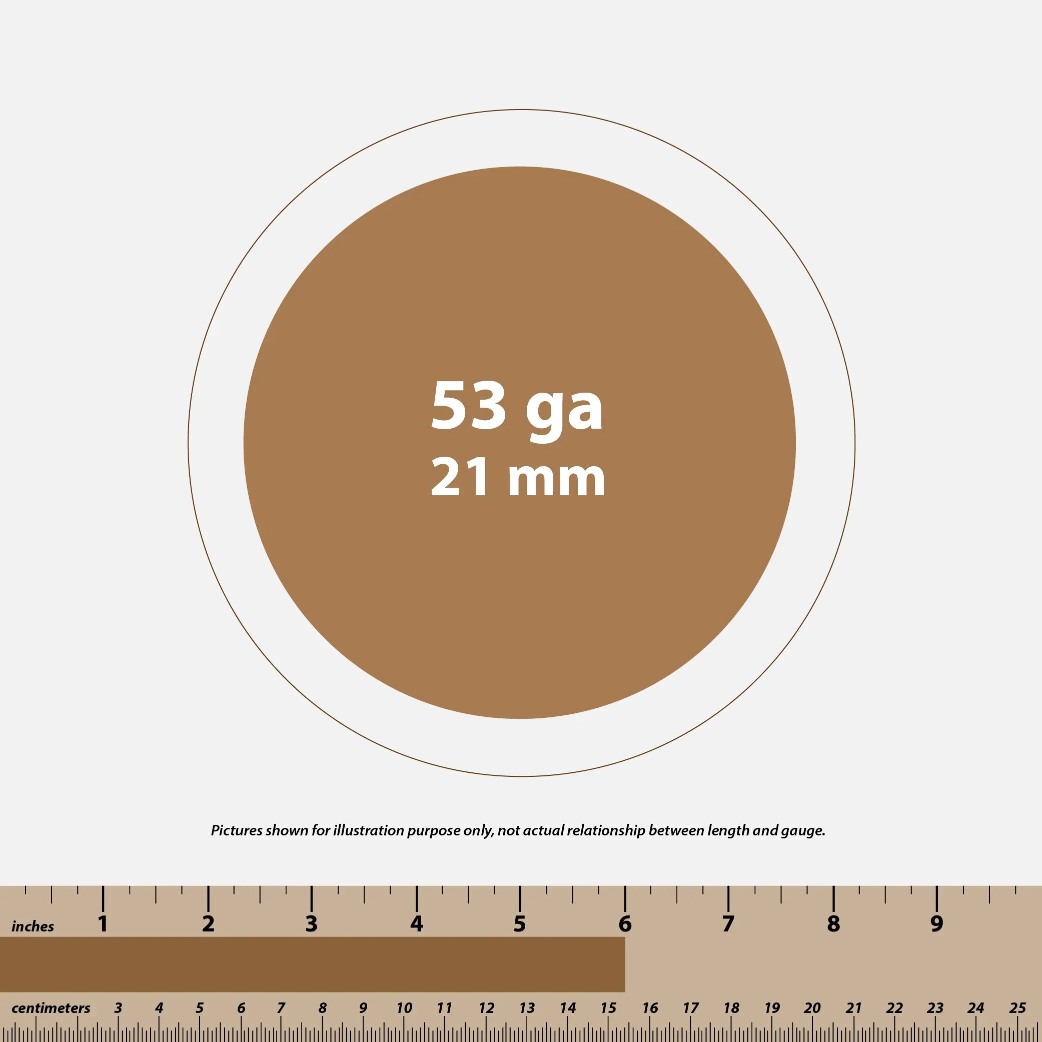 Ruler showing 6 inches and 15 cm below a 53 gauge 21 mm wire thickness illustration