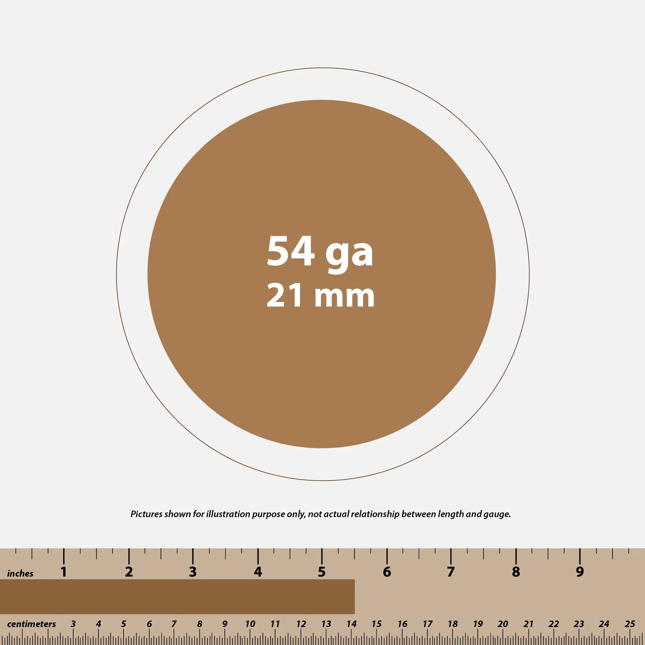 Brown circle labeled 54 ga 21 mm with ruler showing inches and centimeters below