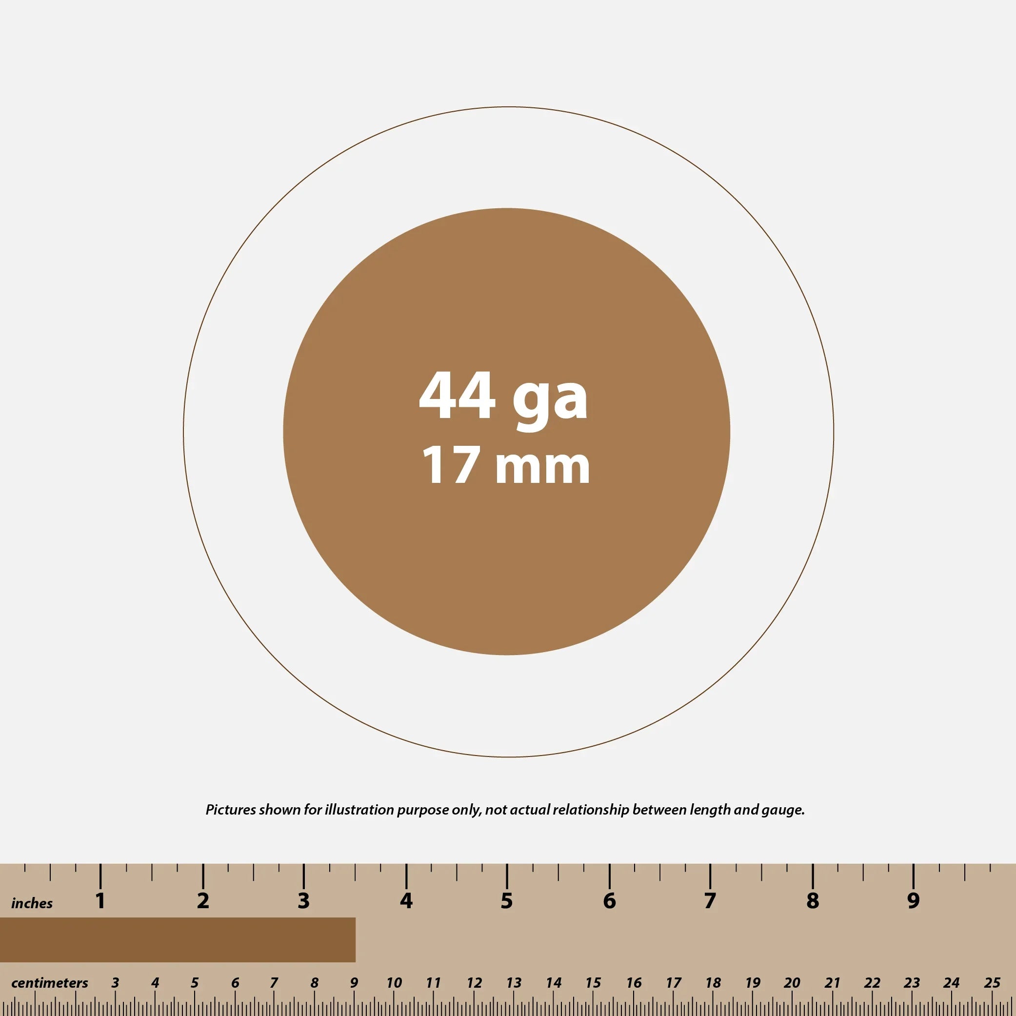 Diagram showing 44 gauge 17 mm wire thickness with inch and centimeter ruler for scale