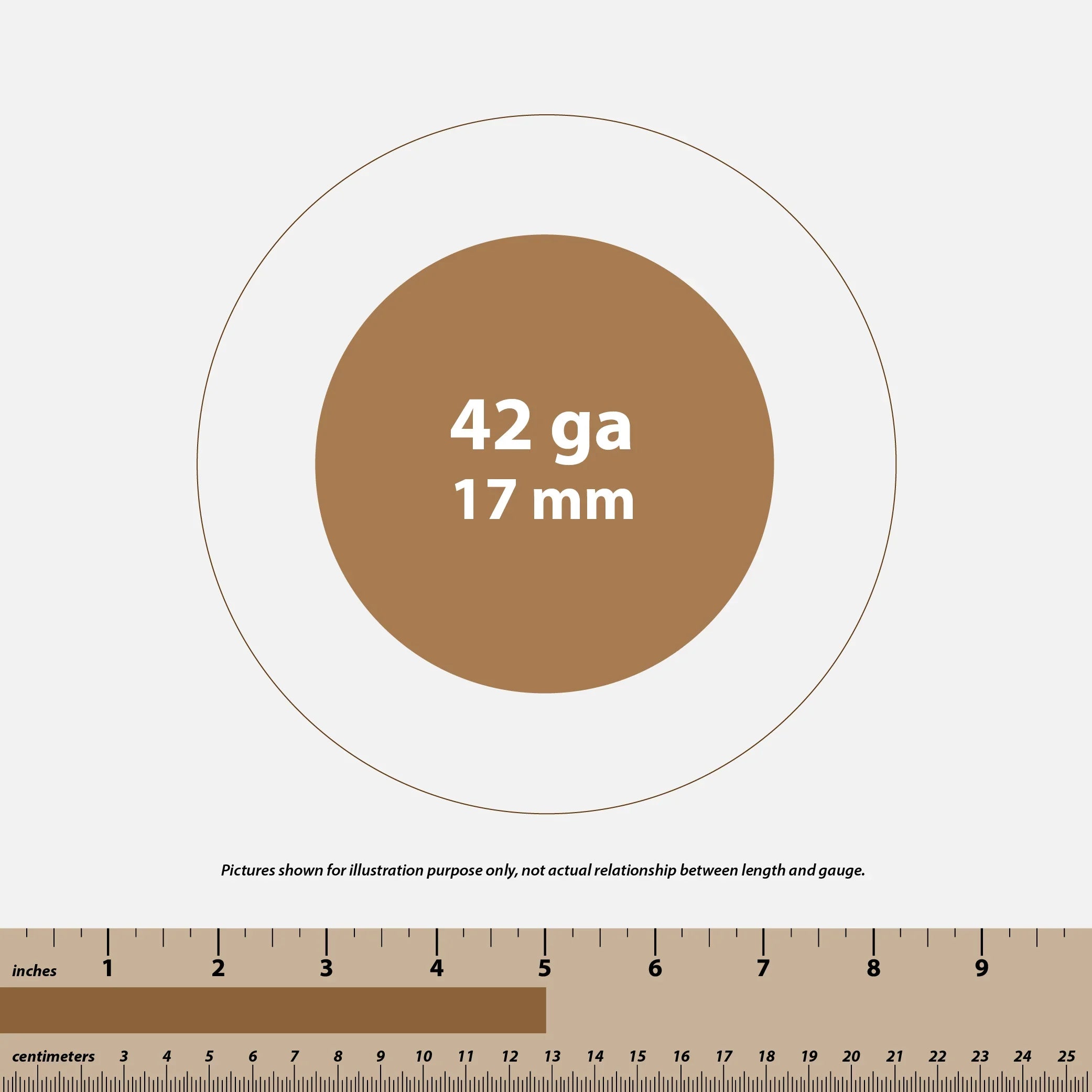 Circle labeled 42 gauge 17 mm with ruler showing inches and centimeters below for scale illustration