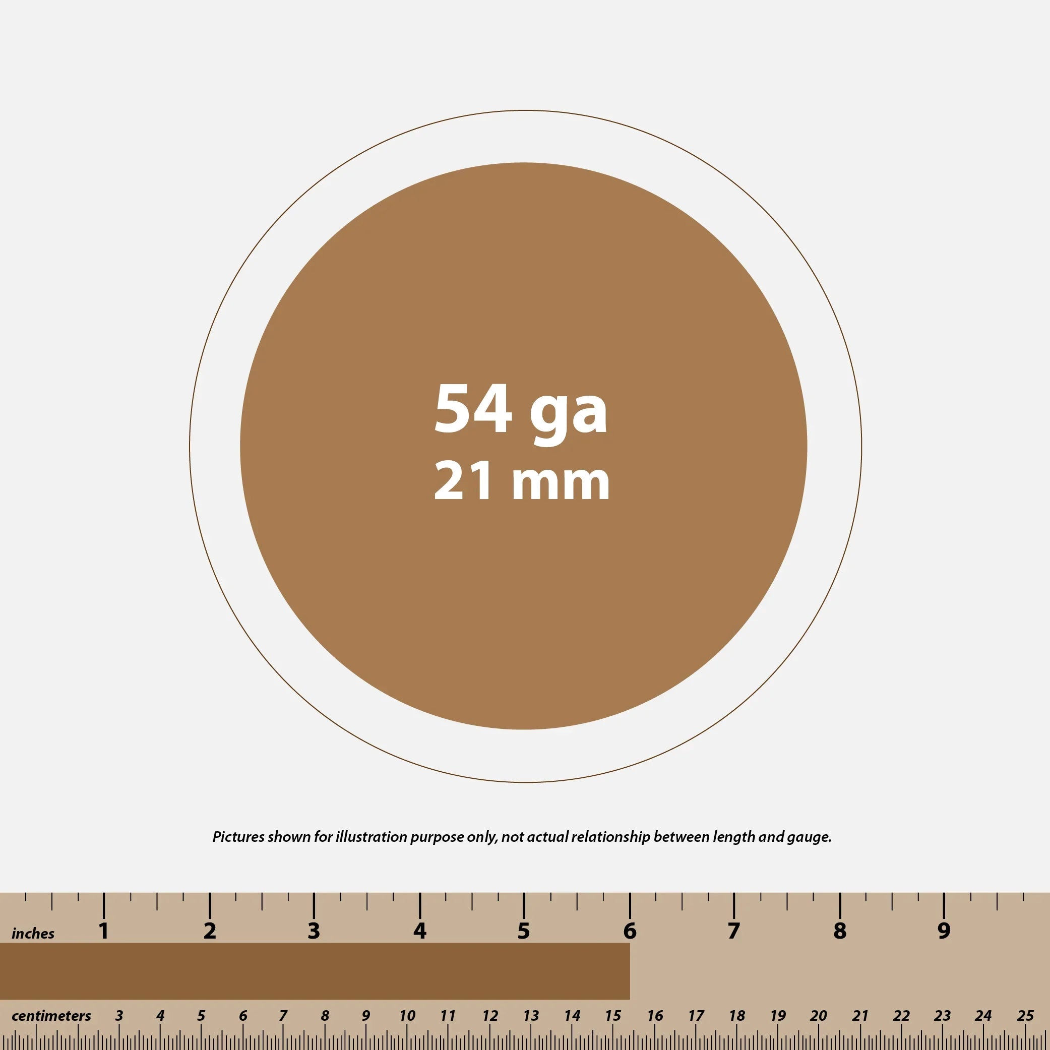 Brown circle labeled 54 ga 21 mm with inch and centimeter rulers below for gauge and length illustration