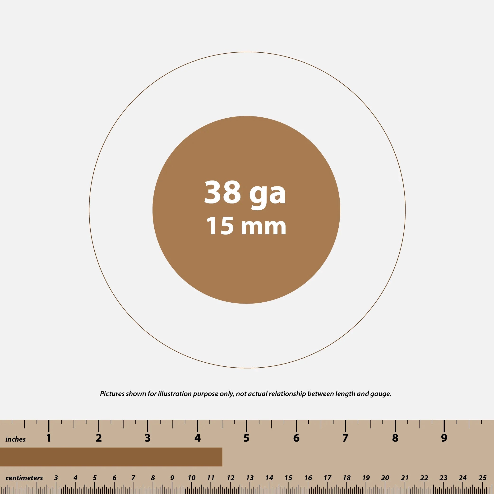 Diagram showing 38 gauge 15 mm wire thickness with ruler in inches and centimeters for measurement