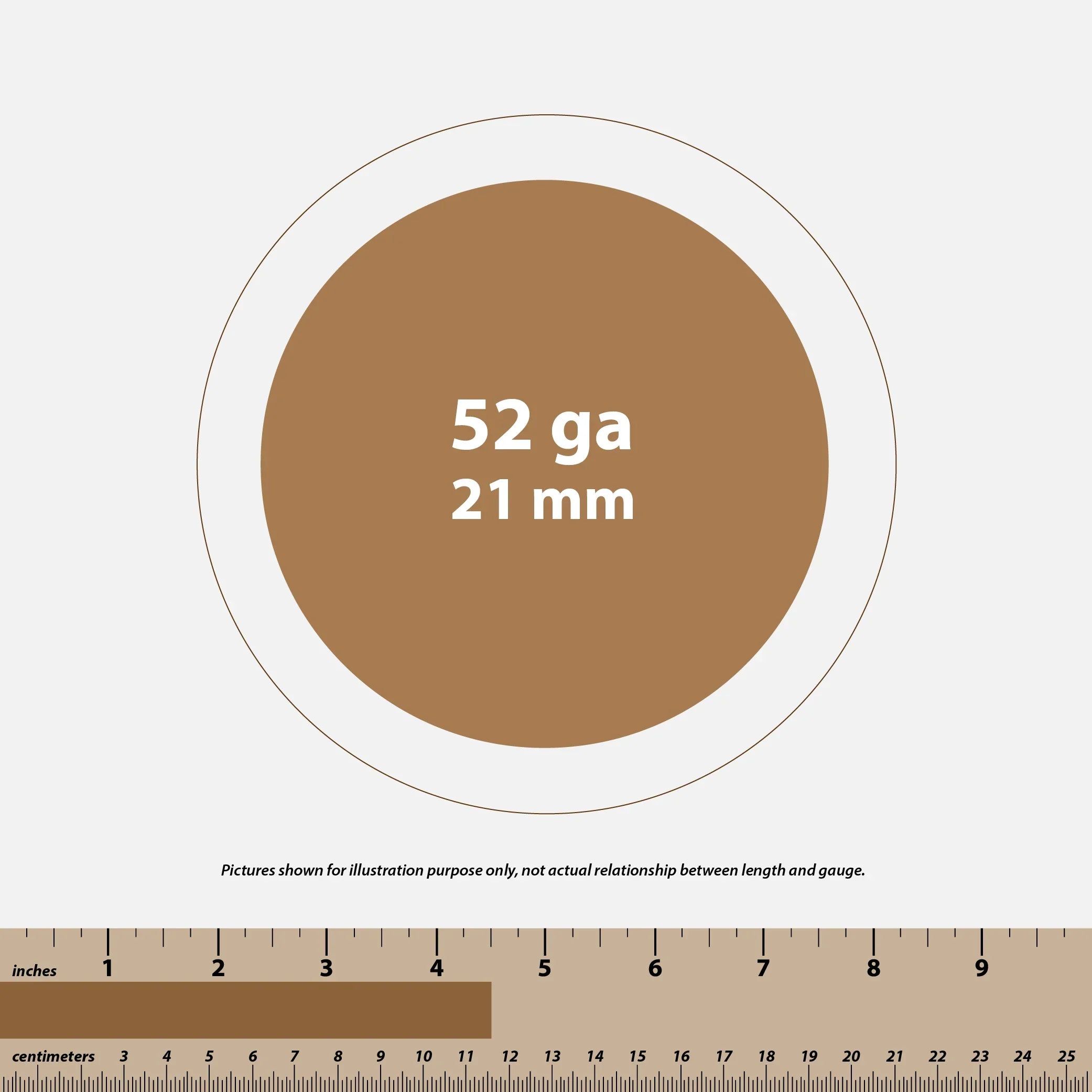 Circle graphic showing 52 gauge 21 mm with a ruler in inches and centimeters below