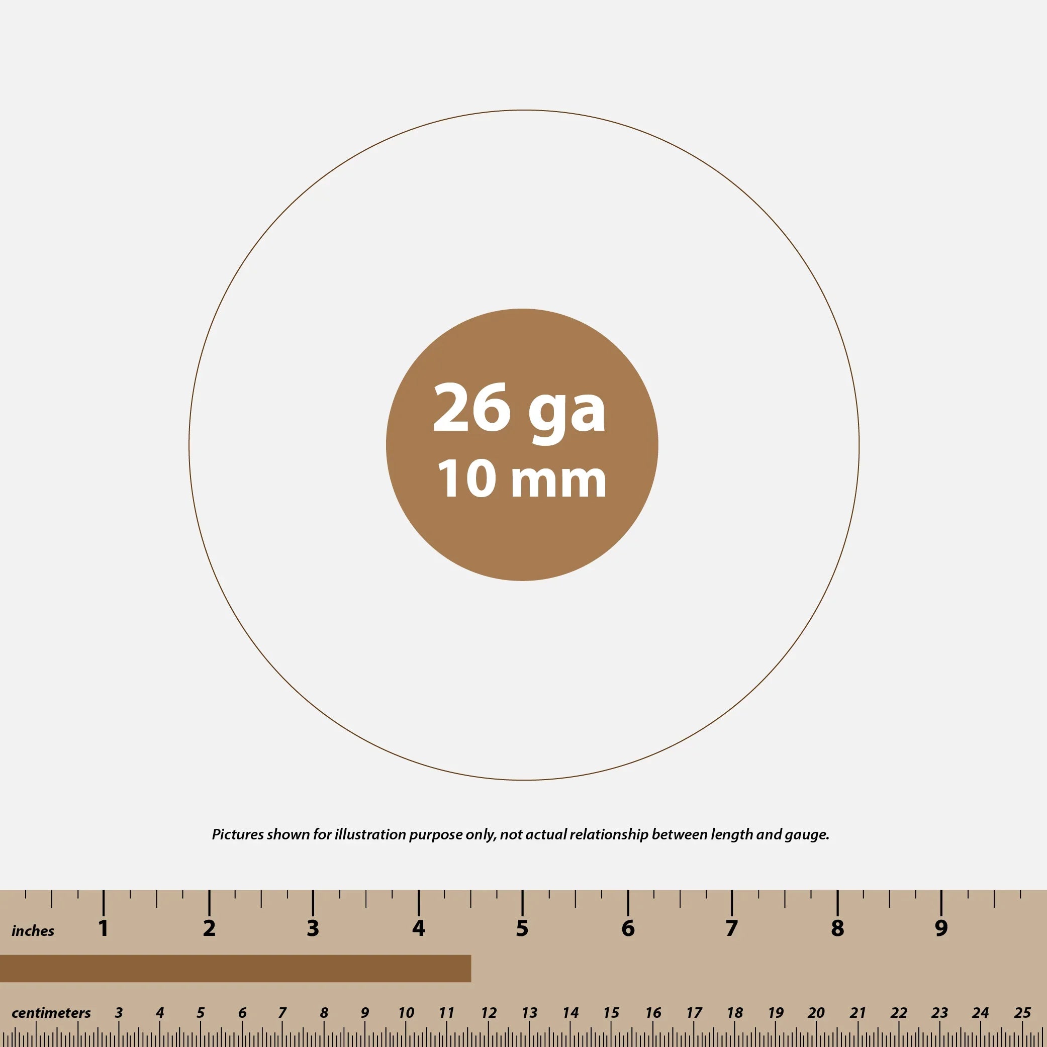 Illustration of 26 gauge 10 mm size circle with ruler showing inches and centimeters