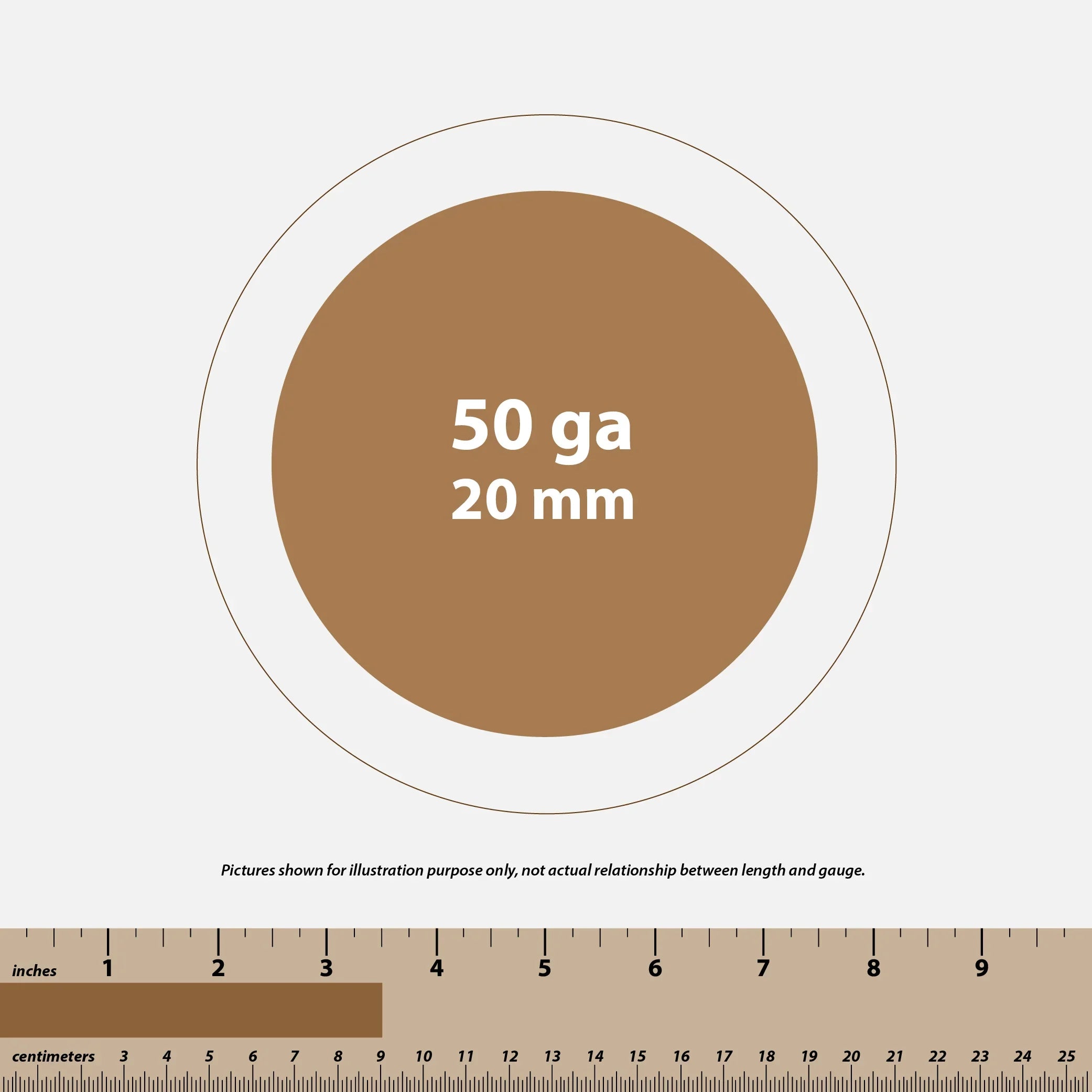 Diagram showing 50 gauge 20 mm wire thickness with rulers in inches and centimeters for scale