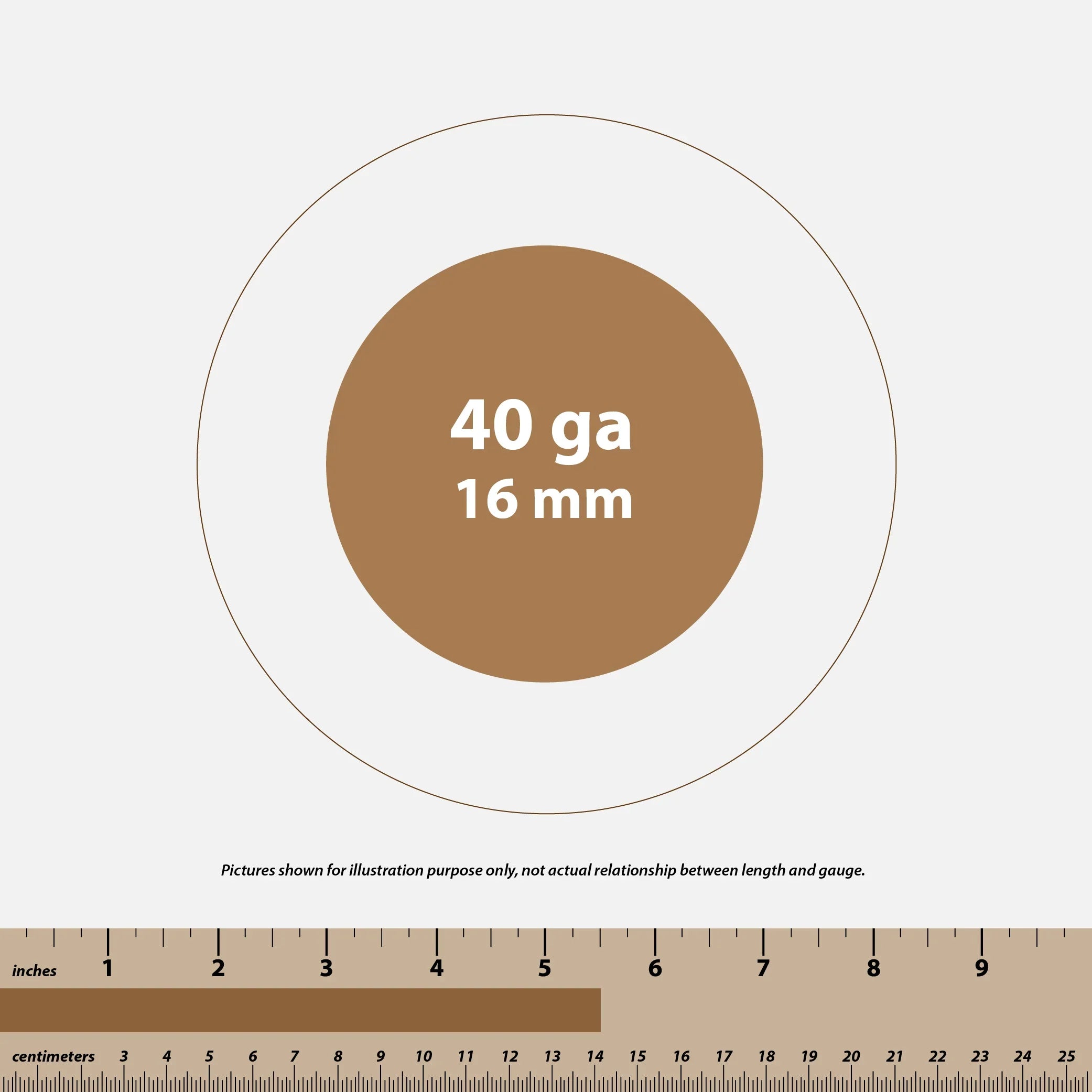 Graphic showing 40 gauge 16 mm wire size with inches and centimeters ruler scale below