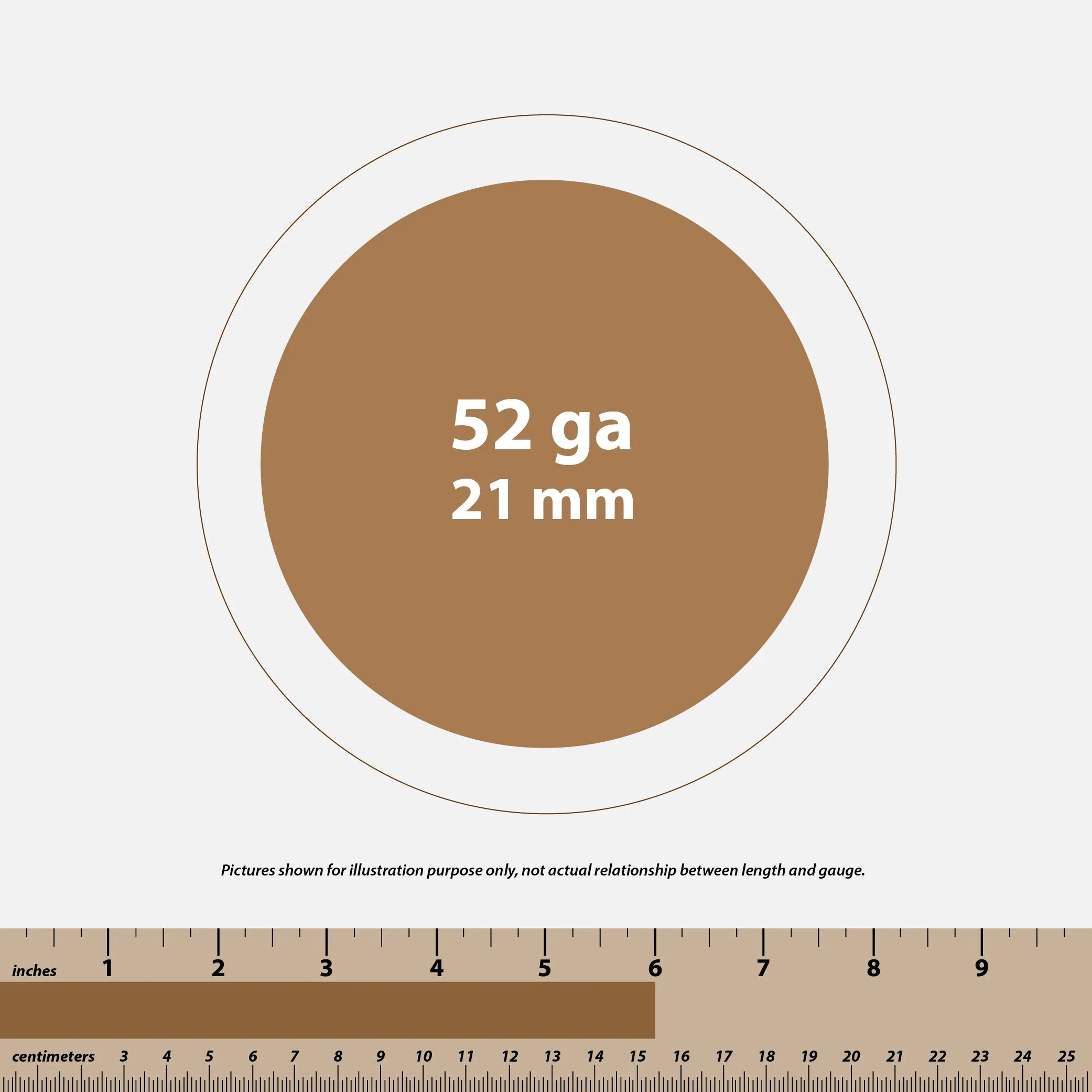 Diagram showing shotgun shell gauge 52 ga and length 21 mm with rulers in inches and centimeters