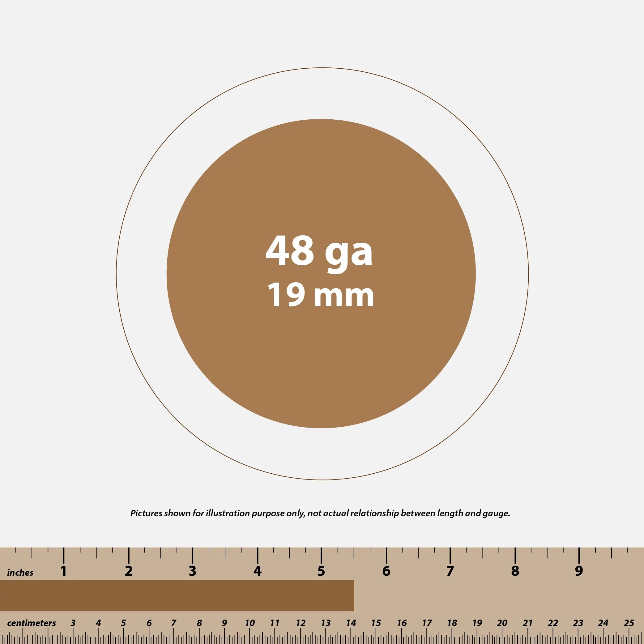 Brown circle with white text showing 48 gauge and 19 mm size, illustrated with a ruler scale