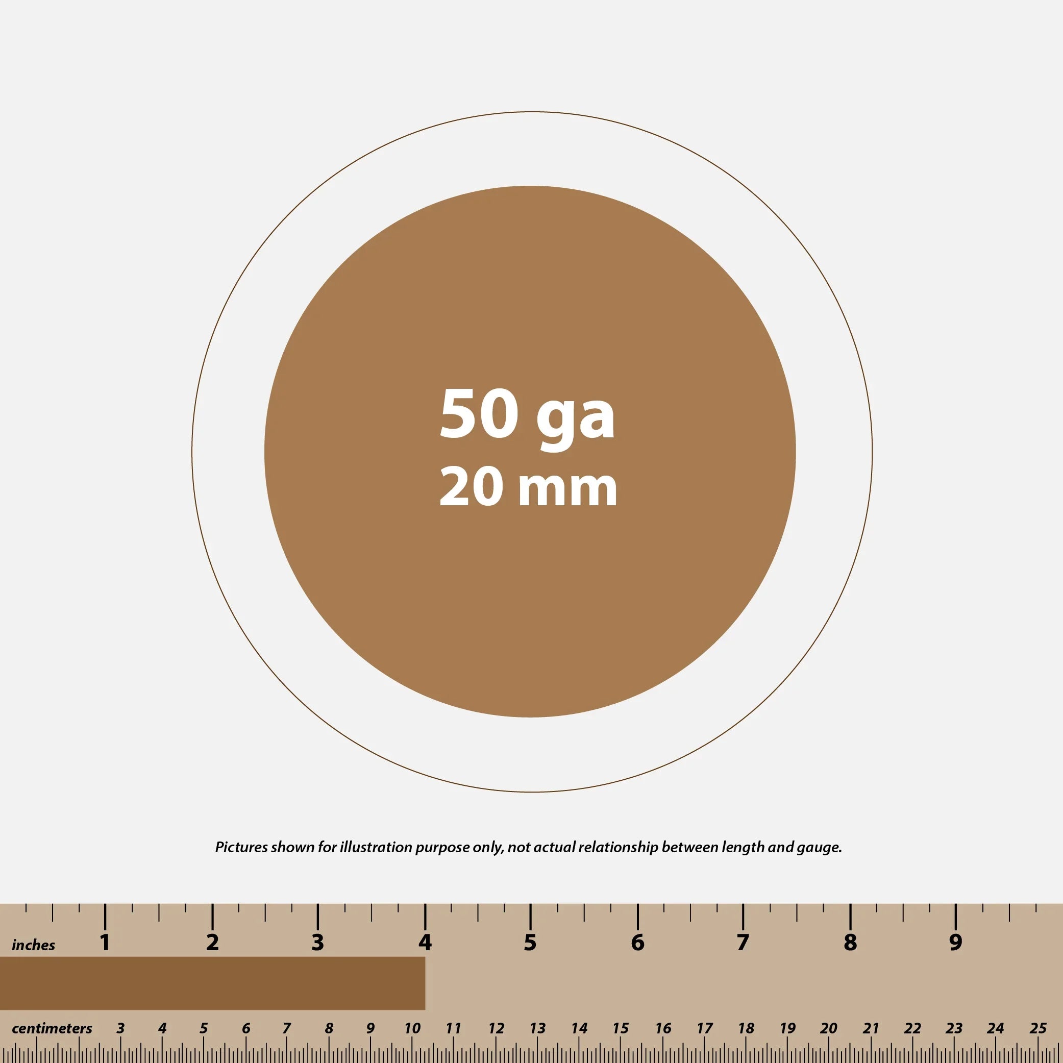 Diagram showing 50 gauge 20 mm wire diameter with inches and centimeters ruler scale