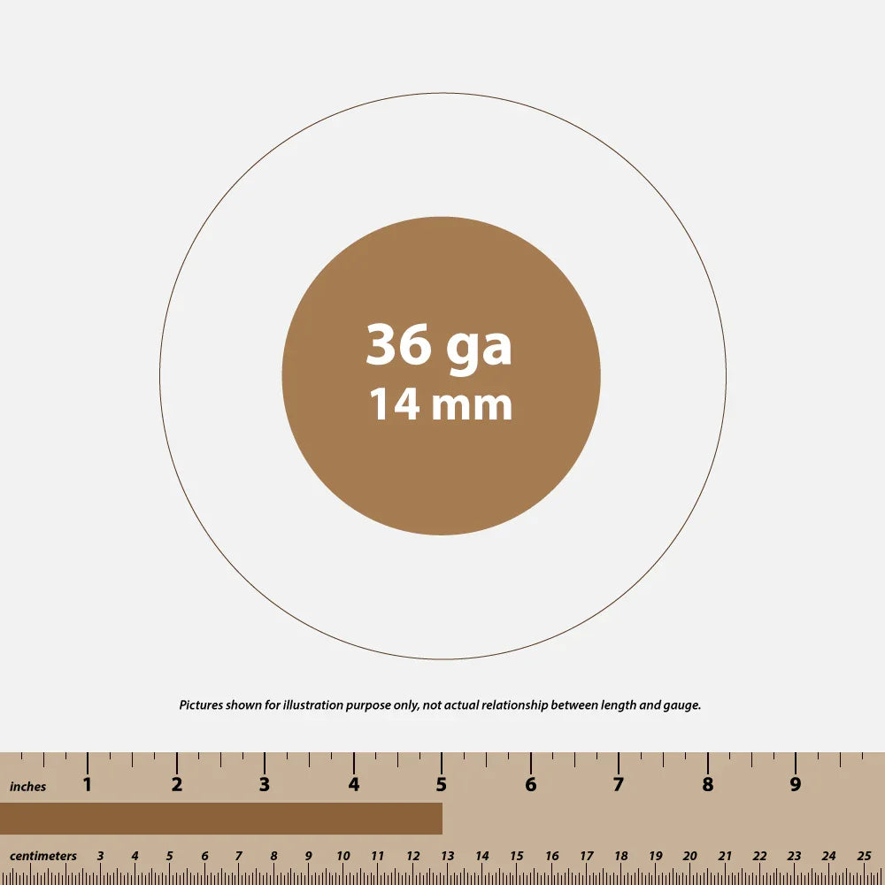 Diagram showing 36 gauge wire thickness labeled 14 mm with a ruler for scale in inches and centimeters