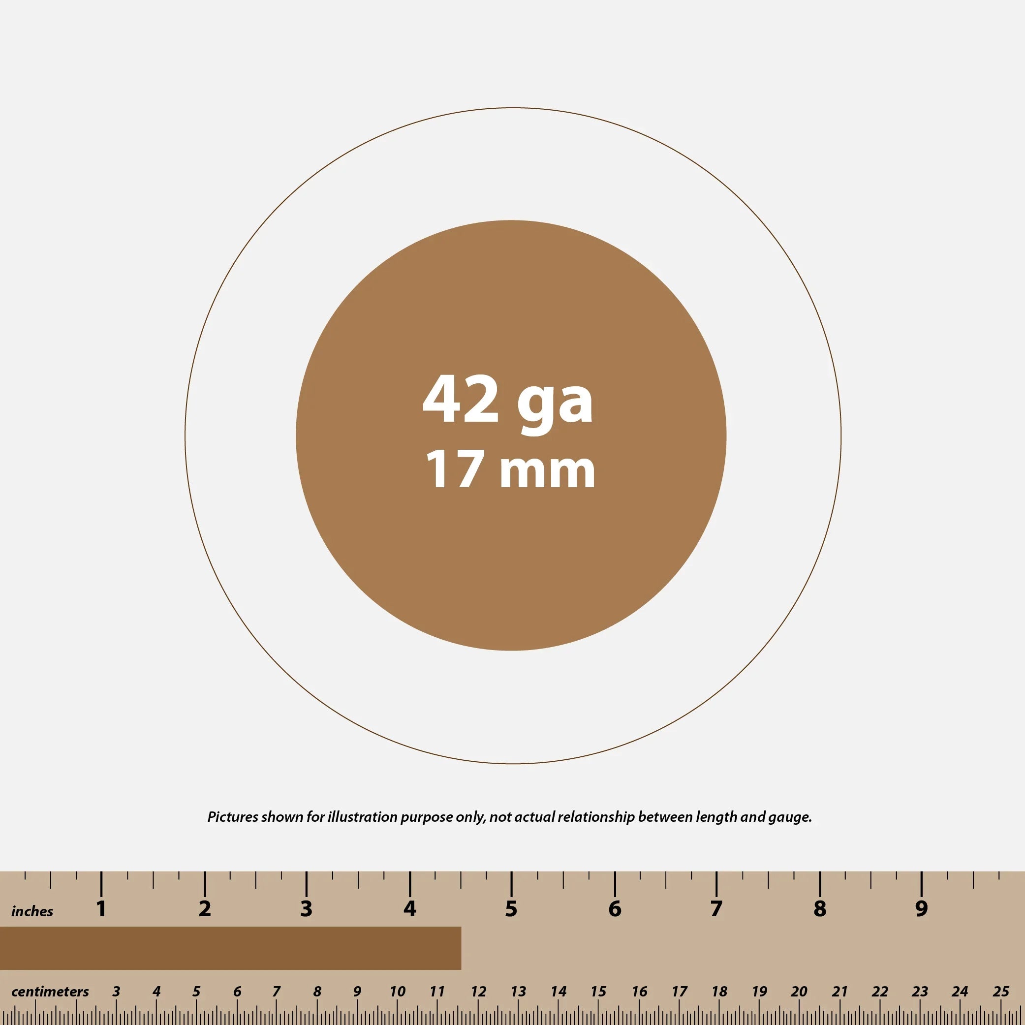 Gauge and length illustration showing 42 gauge and 17 mm with inch and centimeter rulers