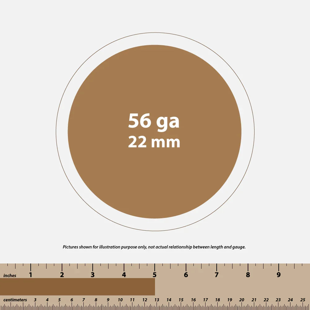 Brown circle labeled 56 gauge 22 mm with ruler below showing inches and centimeters