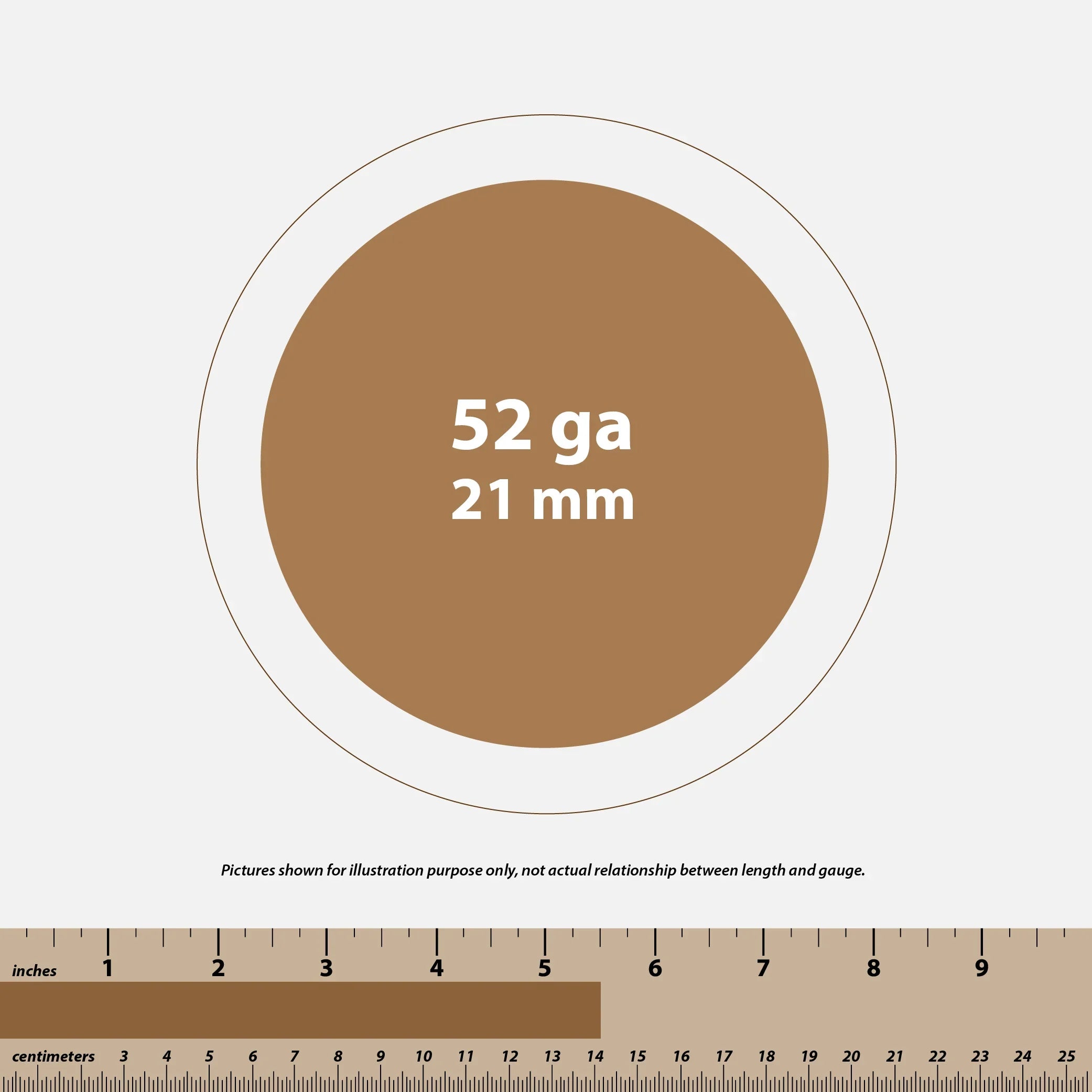 Graphic showing 52 gauge 21 mm brown circle with inches and centimeters ruler below