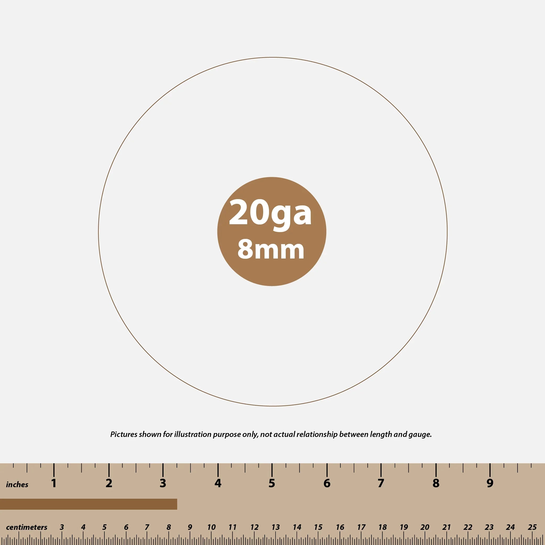 Illustration showing 20 gauge 8mm size with a ruler in inches and centimeters for scale