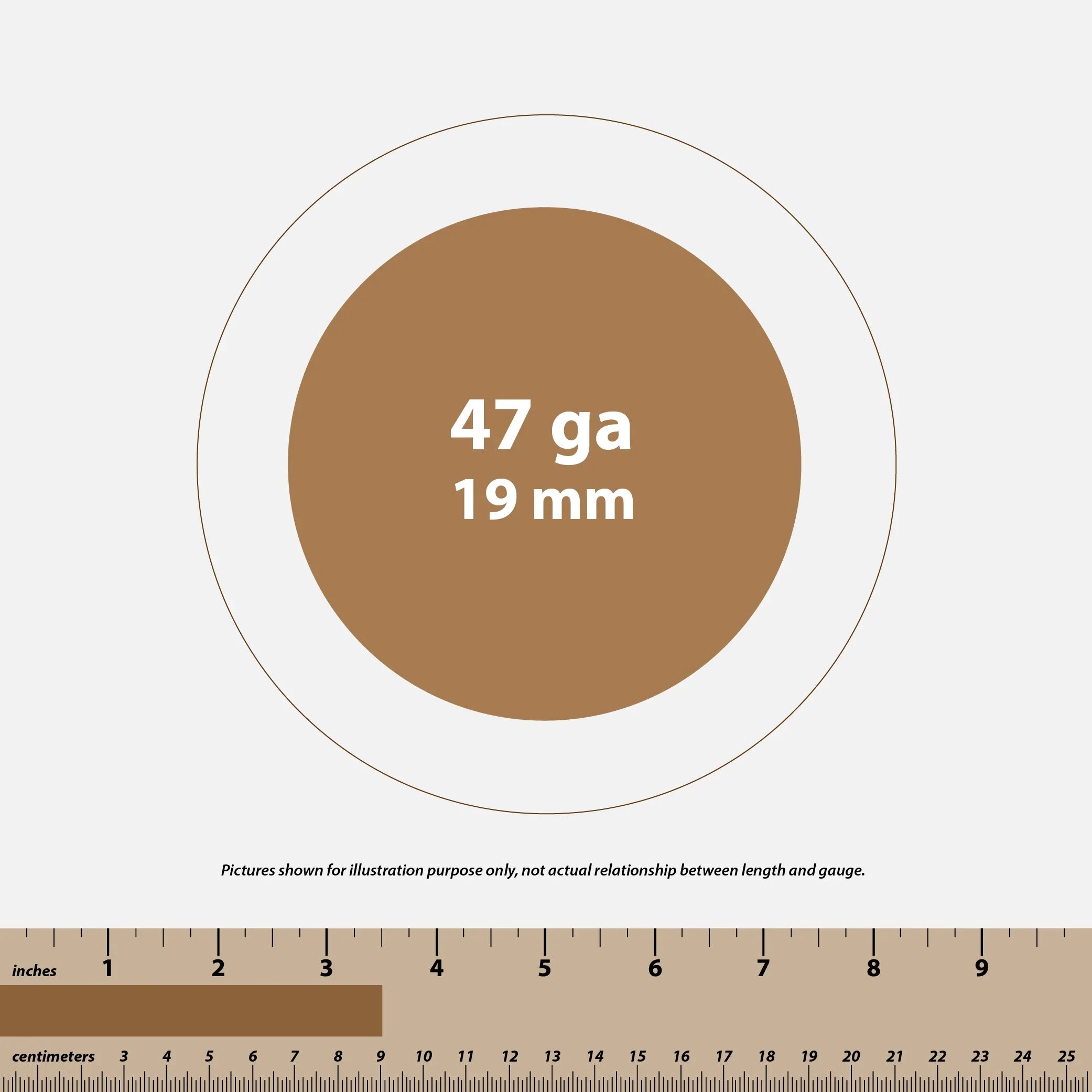 Gauge size chart showing 47 ga and 19 mm with ruler in inches and centimeters