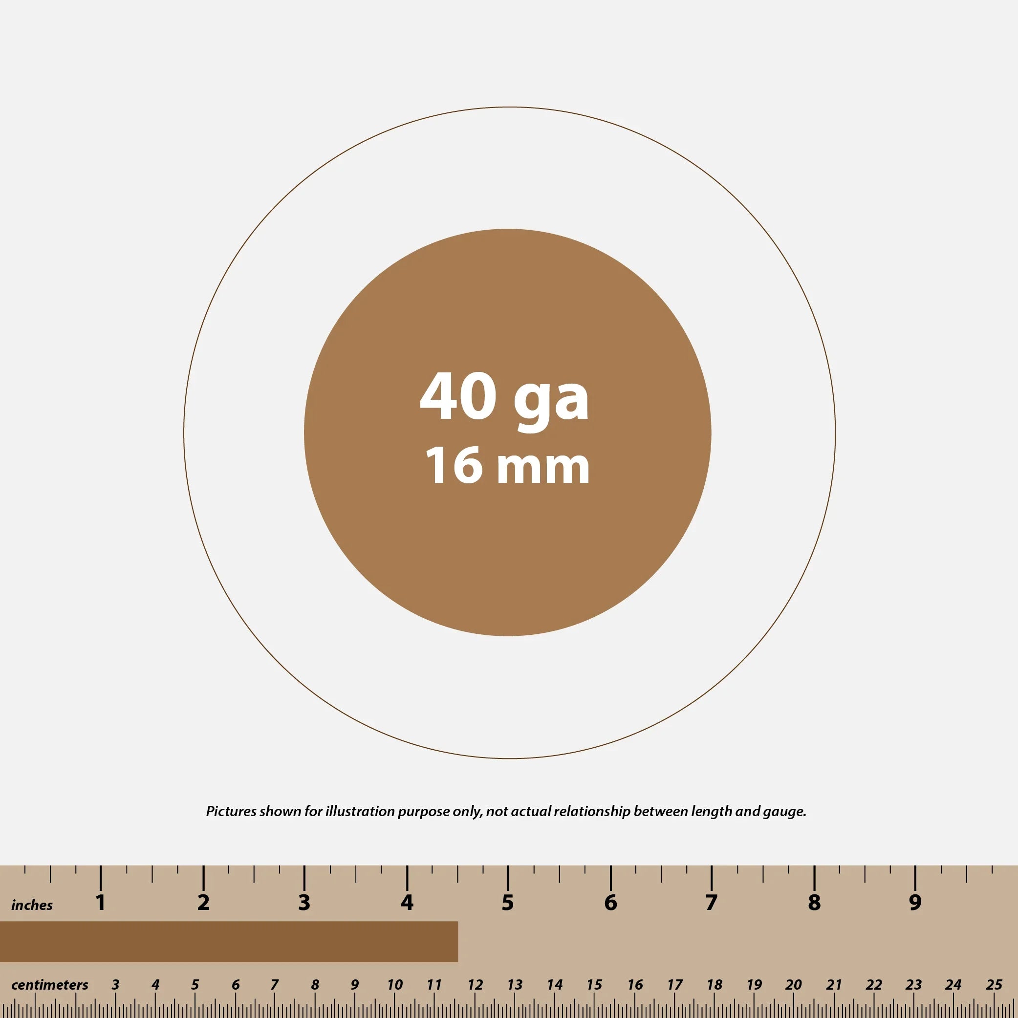 Diagram showing 40 gauge 16 mm thickness with inch and centimeter ruler for size reference