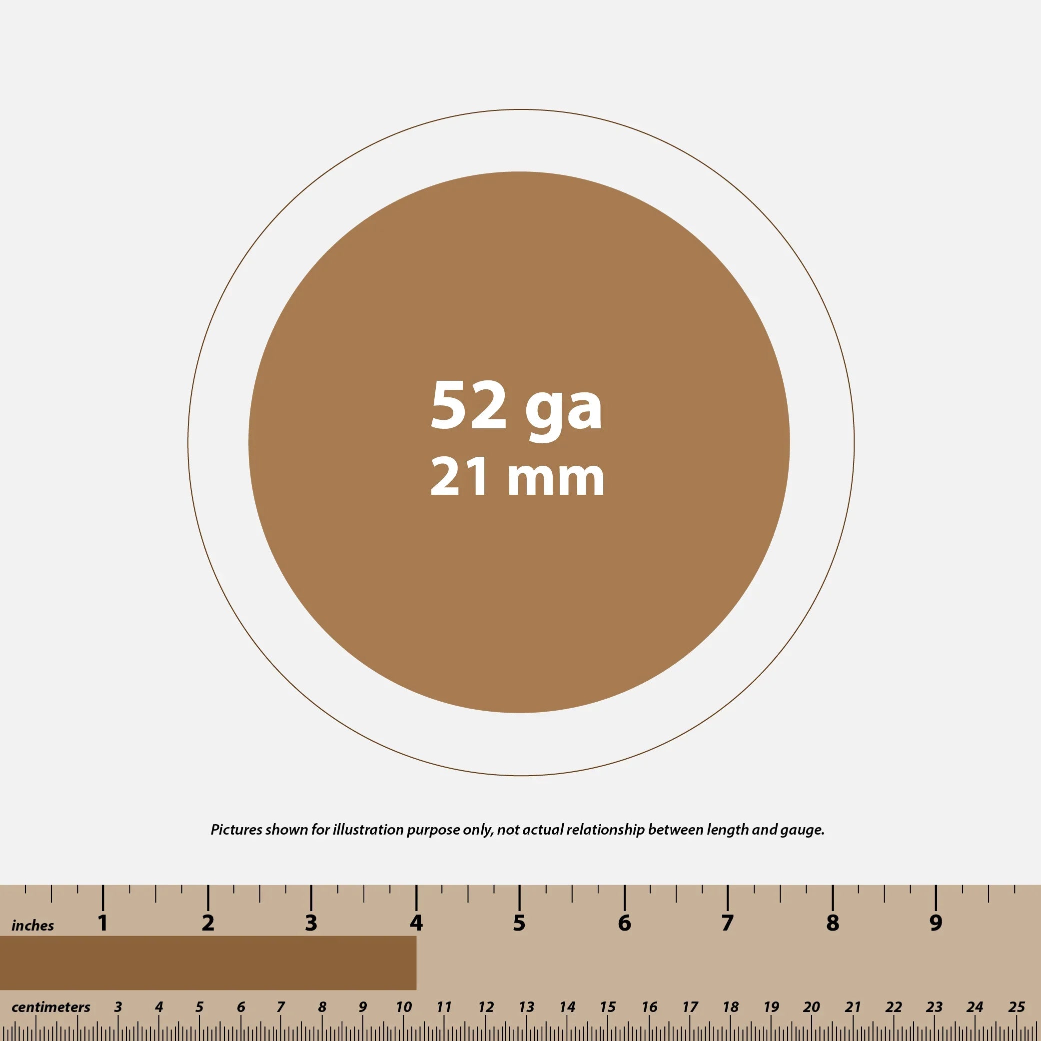 Gauge size 52 ga and 21 mm illustrated with circular graphic and rulers in inches and centimeters