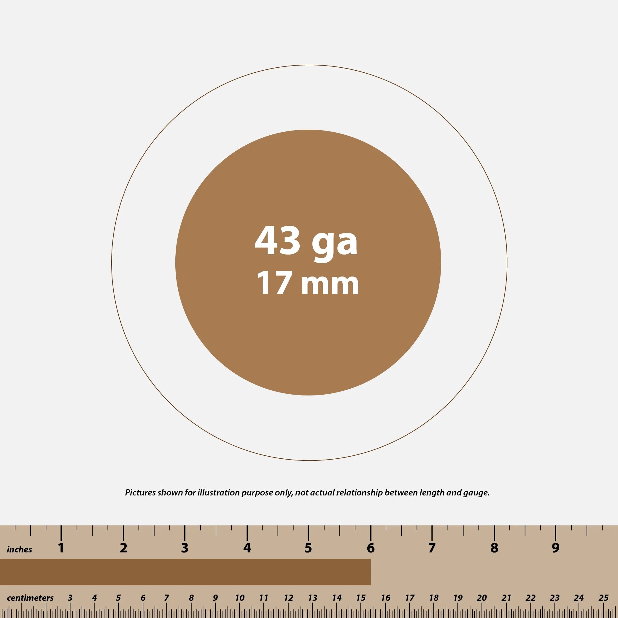 Circle graphic showing wire gauge 43 ga and length 17 mm with inch and centimeter ruler below
