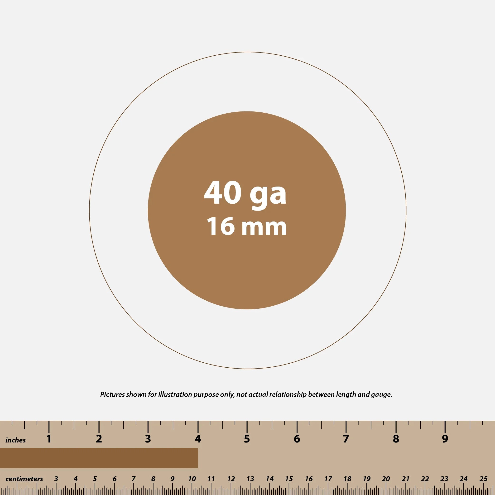 Diagram showing 40 gauge 16 mm wire thickness with inch and centimeter ruler for scale