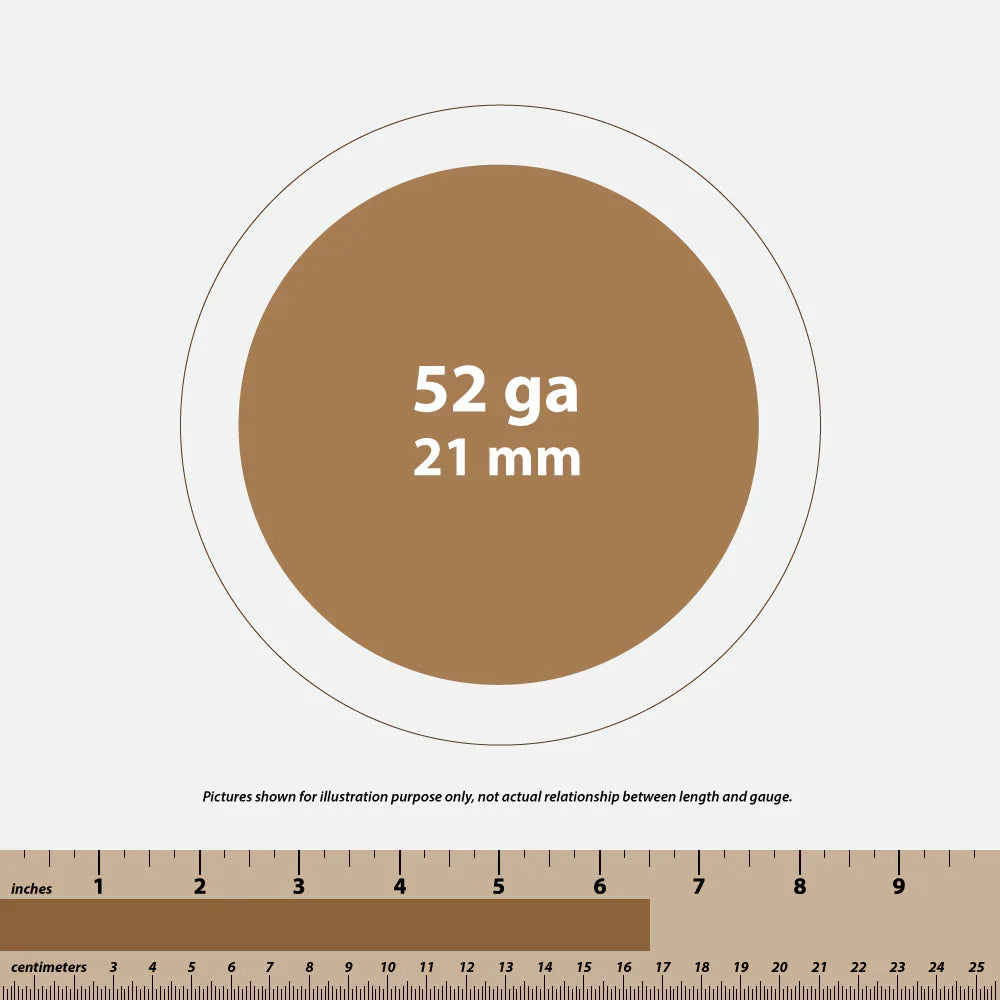 Diagram showing a 52 gauge wire thickness of 21 mm with an inch and centimeter ruler below