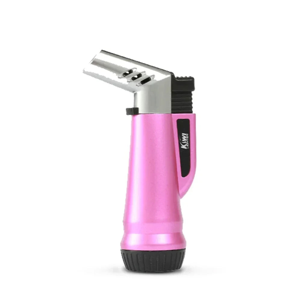 Pink jet flame lighter with black base and silver top for precise ignition