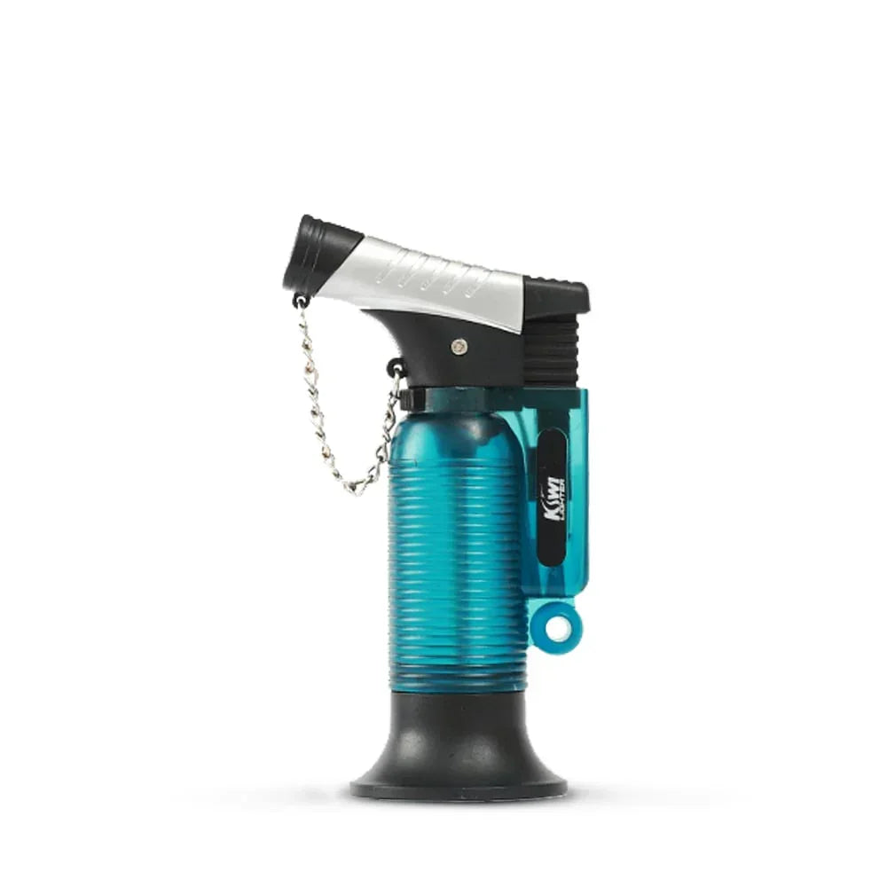 Blue and black jet flame kitchen torch lighter with silver top and chain