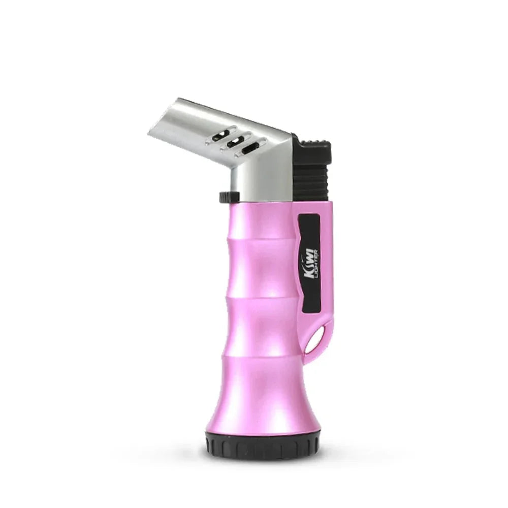 Pink Kiwi brand jet flame butane torch lighter with ergonomic grip and metal nozzle