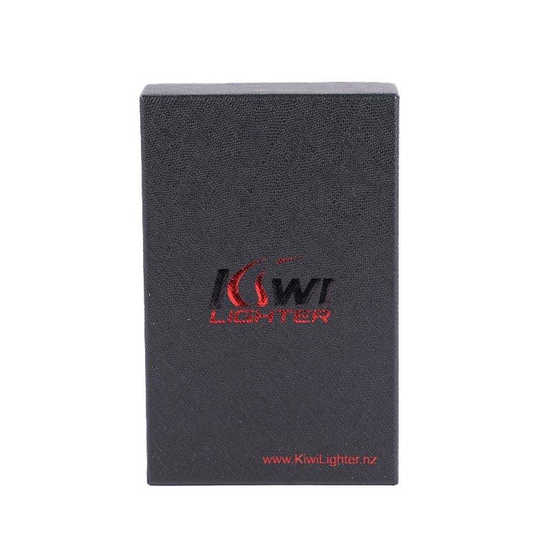 Black Kiwi Lighter box with red and black logo and website on white background