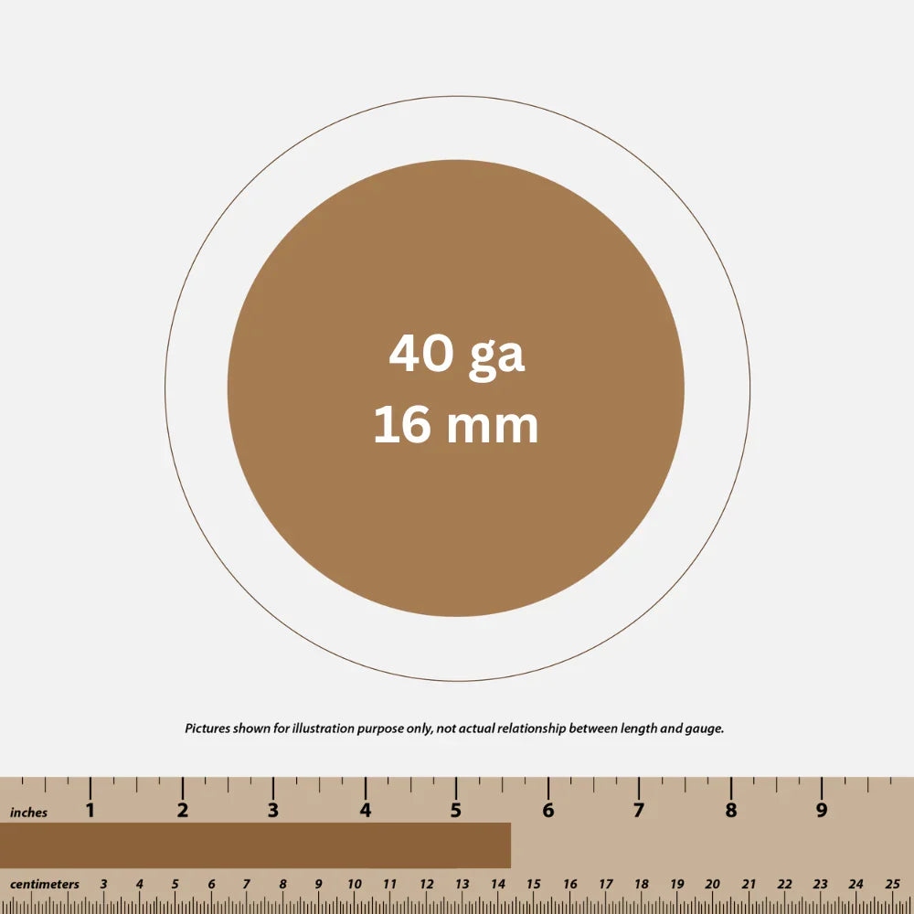 Diagram showing 40 gauge 16 mm thickness with inch and centimeter ruler for size reference