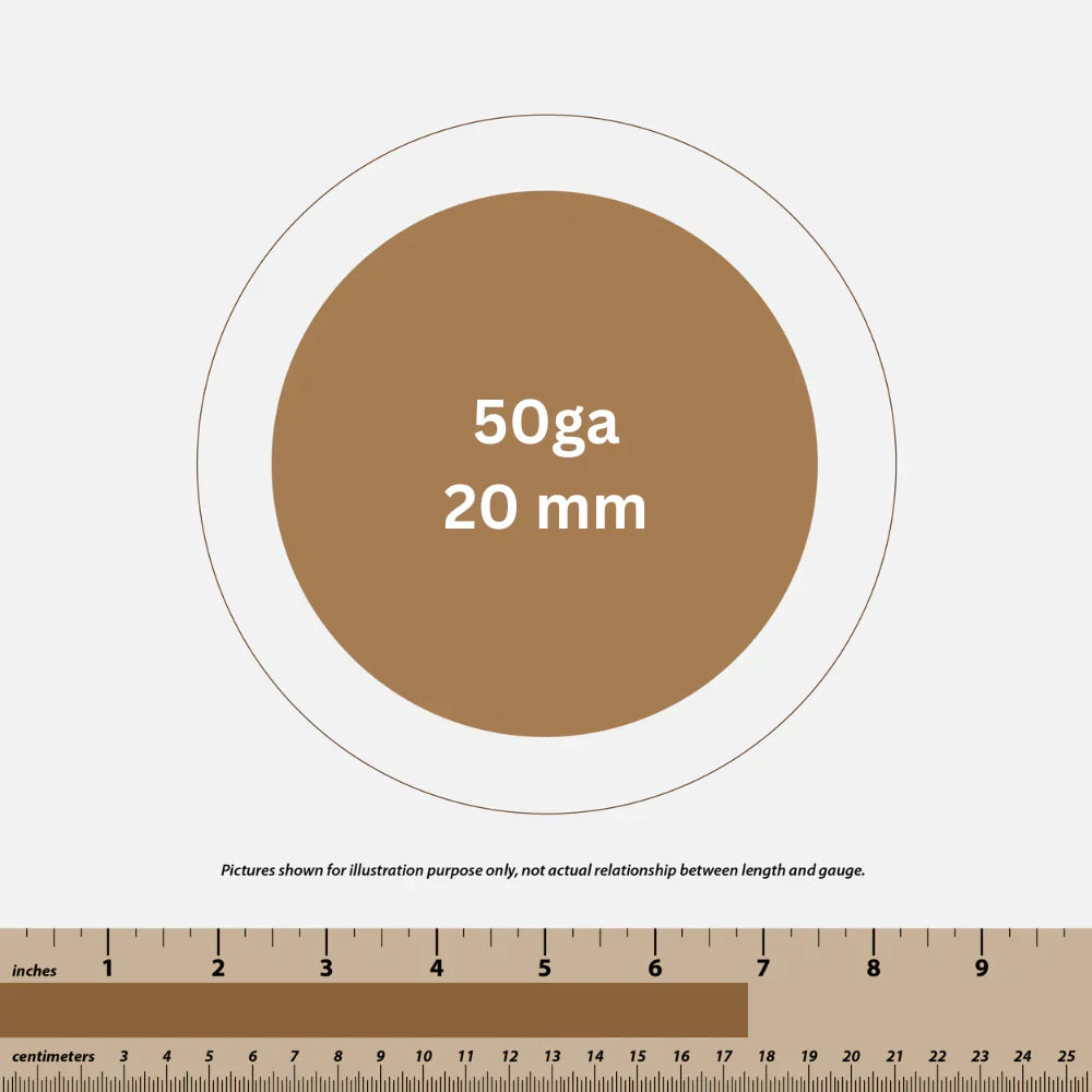Brown circular illustration with text 50ga 20mm showing wire gauge size and ruler with inches and centimeters