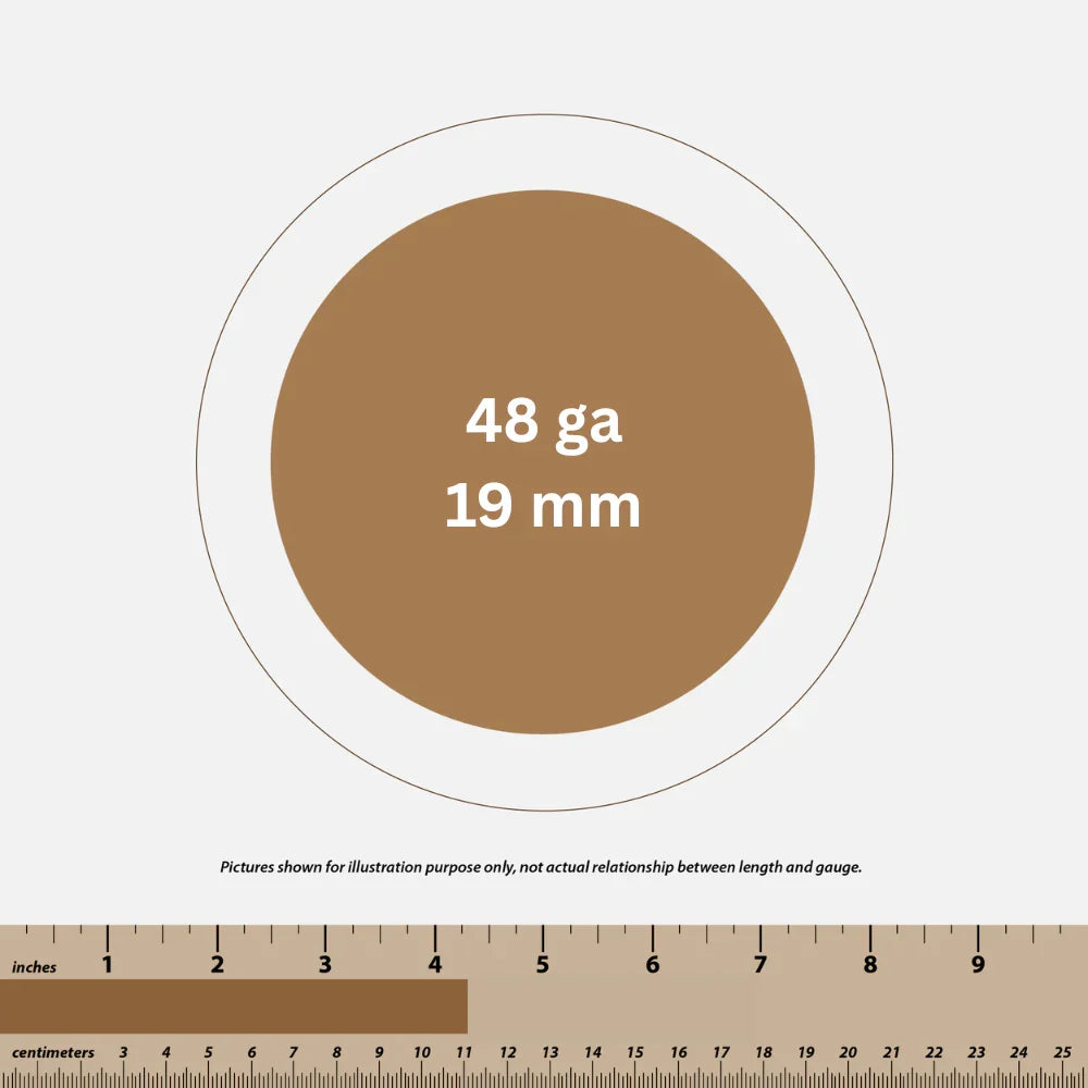 Illustration showing 48 gauge and 19 mm size with inches and centimeters ruler scale below